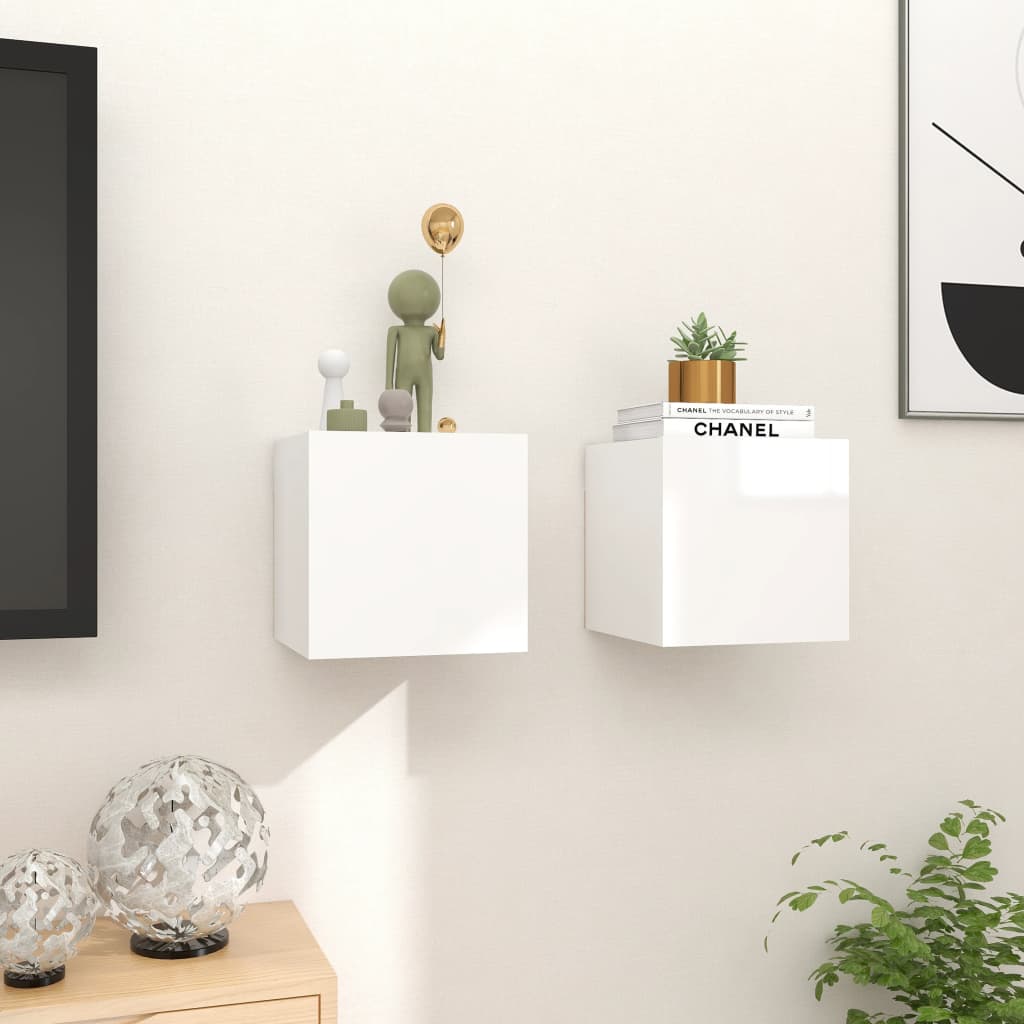 Seinäkiinnitettävät TV-tasot 2kpl kork.kiilto valk 30,5x30x30cm - Sisustajankoti.fi