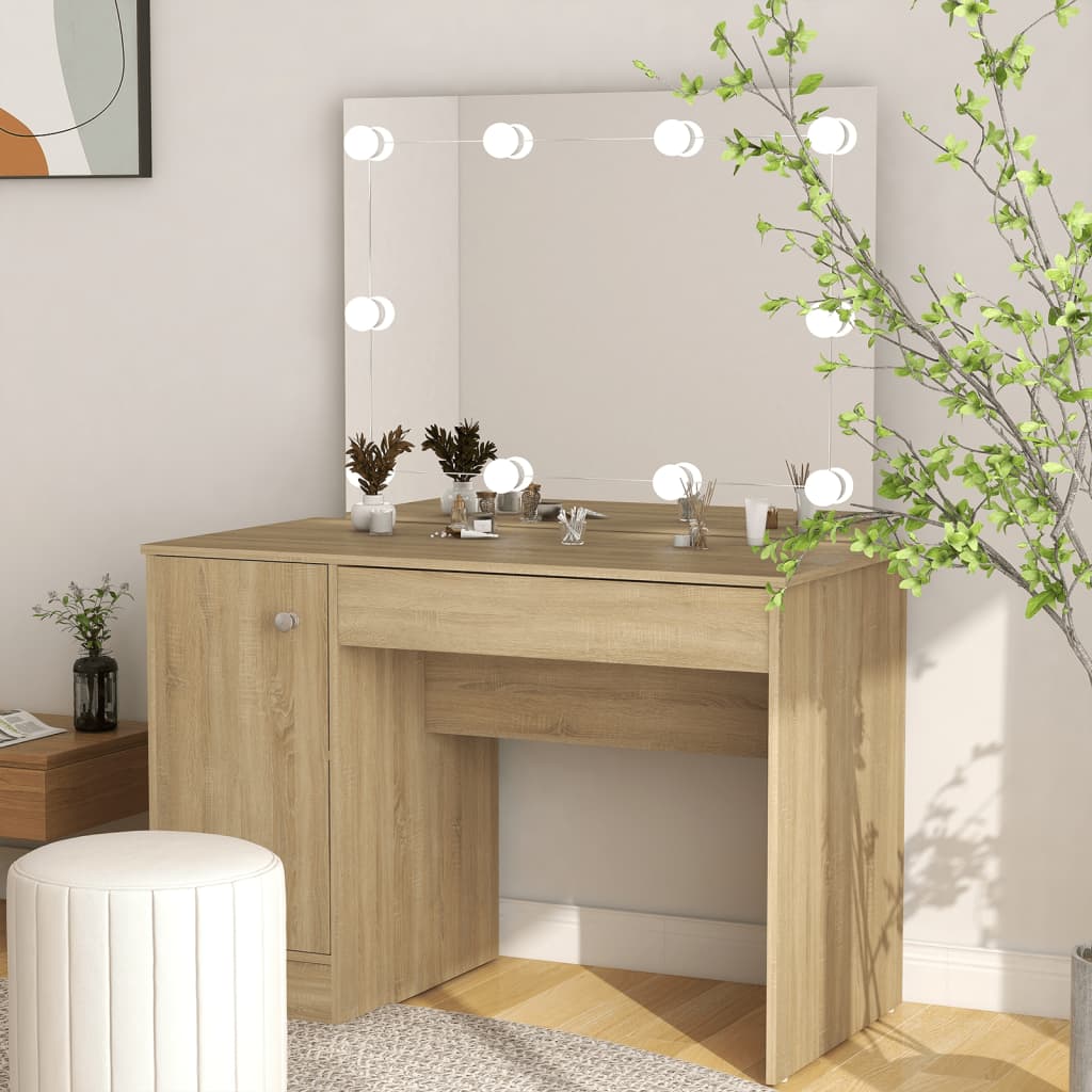 Meikkipöytä LED-valoilla 110x55x145 cm MDF tammi - Sisustajankoti.fi