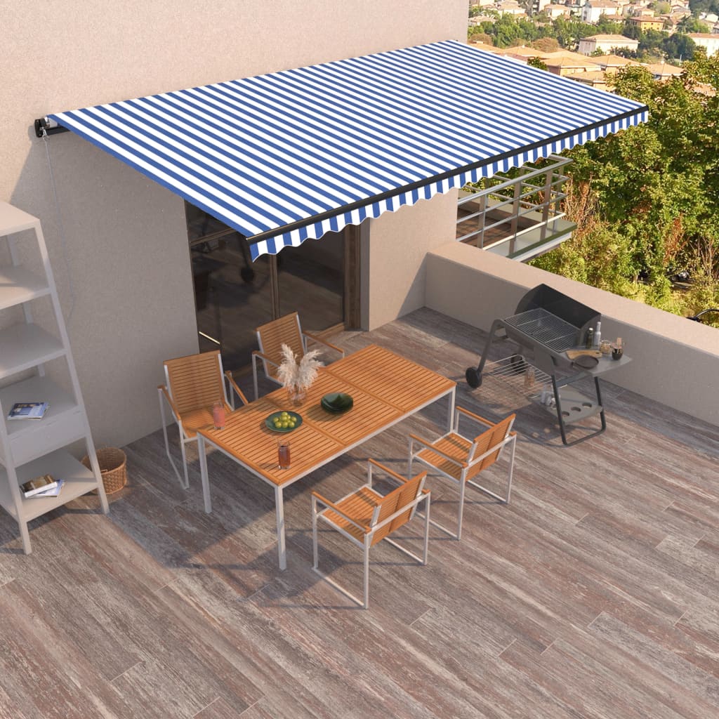 Manuaalisesti sisäänkelattava markiisi 600x350 cm sinivalkoinen - Sisustajankoti.fi