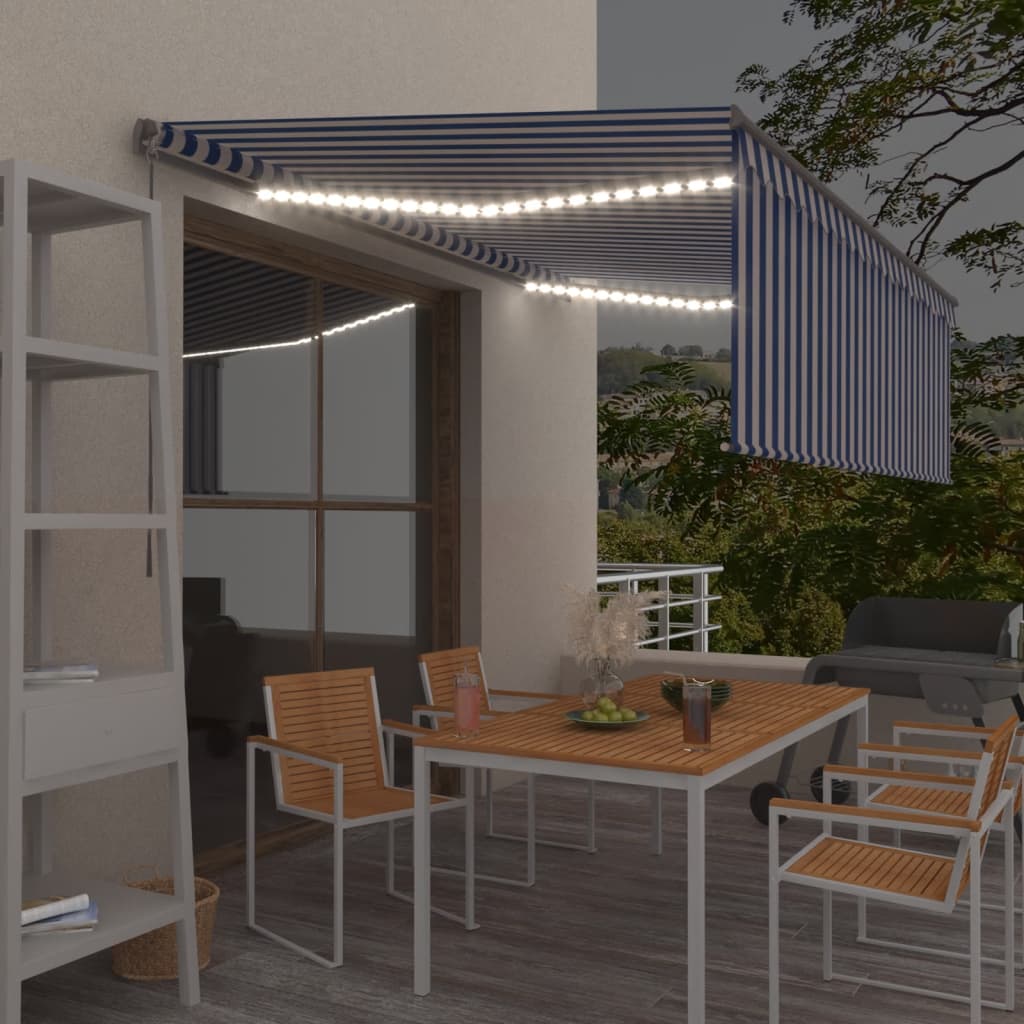 Manuaalisesti kelattava markiisi verho/LED 4,5x3 m sinivalk. - Sisustajankoti.fi