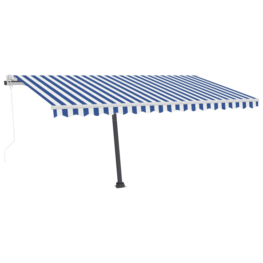Vapaasti seisova sisäänkelattava markiisi 450x300 cm sinivalk. - Sisustajankoti.fi