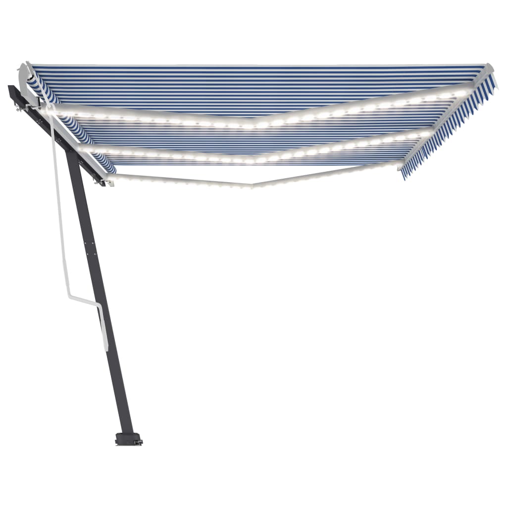 Sisäänkelattava markiisi LEDillä 600x350 cm sinivalkoinen - Sisustajankoti.fi