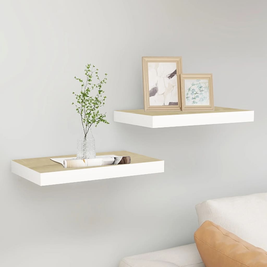 Kelluvat seinähyllyt 2 kpl tammi ja valkoinen 50x23x3,8 cm MDF - Sisustajankoti.fi