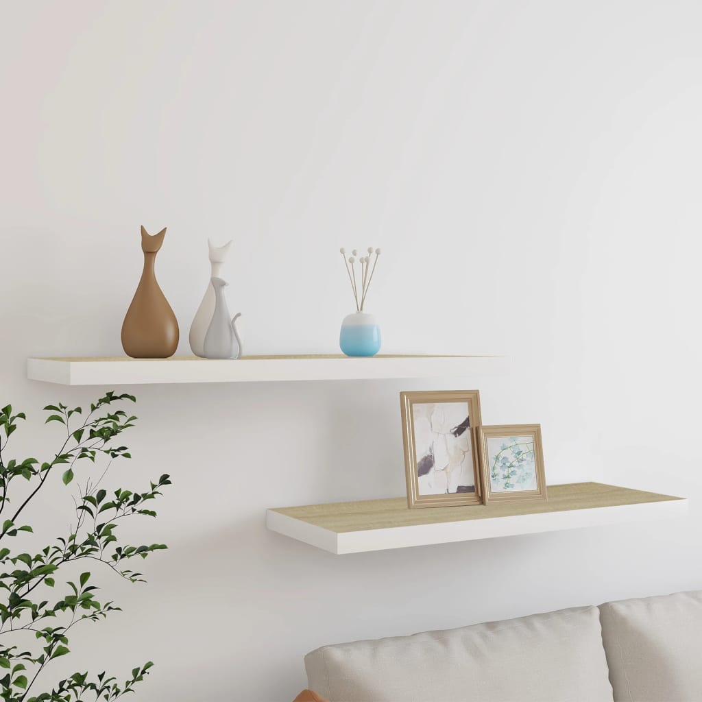 Kelluvat seinähyllyt 2 kpl tammi ja valkoinen 80x23,5x3,8cm MDF - Sisustajankoti.fi
