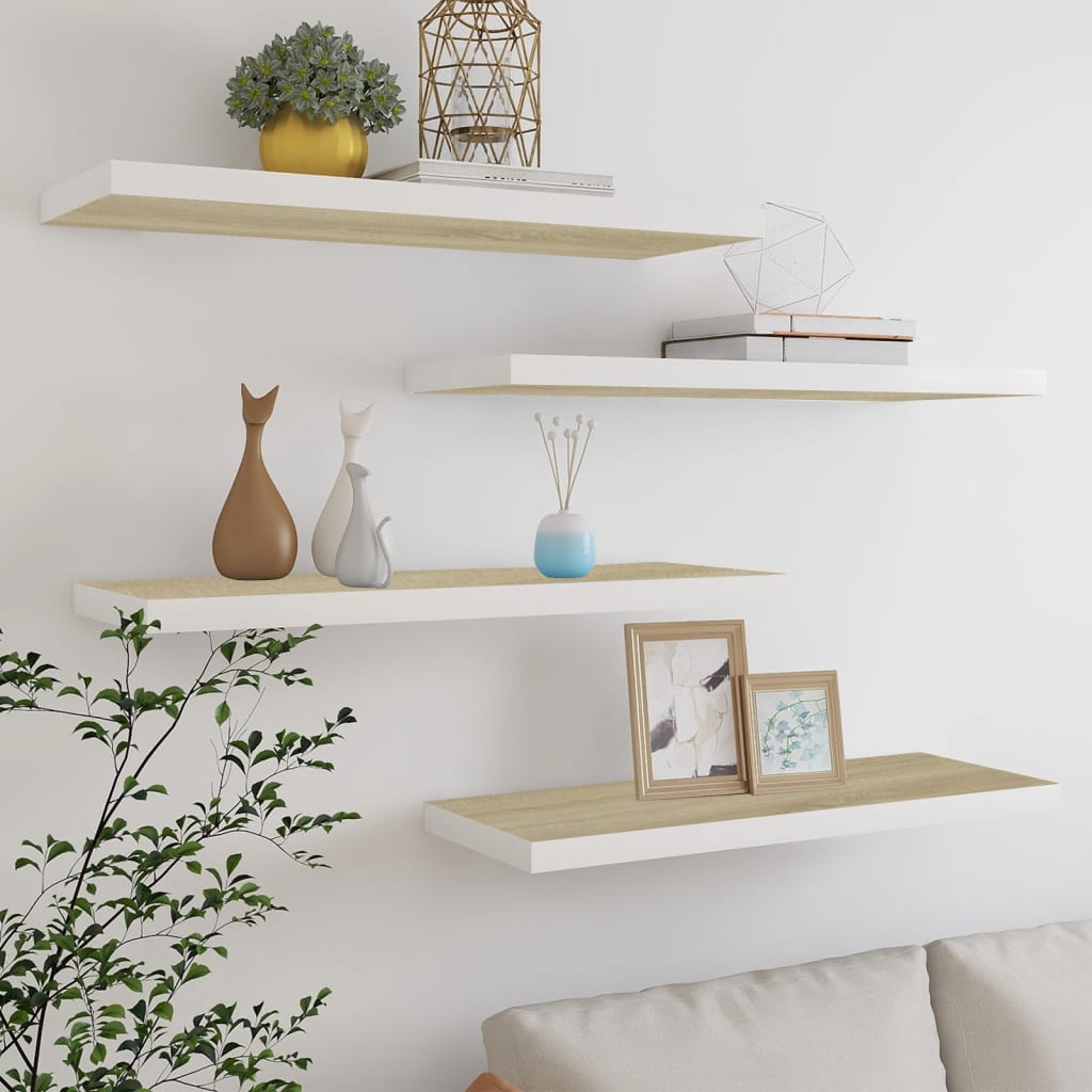 Kelluvat seinähyllyt 4 kpl tammi ja valkoinen 80x23,5x3,8cm MDF - Sisustajankoti.fi