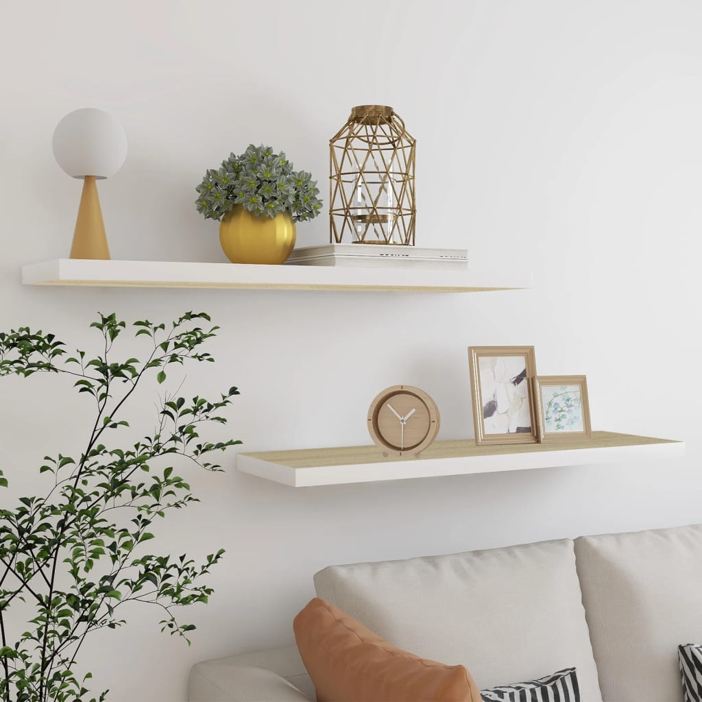 Kelluvat seinähyllyt 2 kpl tammi ja valkoinen 90x23,5x3,8 MDF - Sisustajankoti.fi