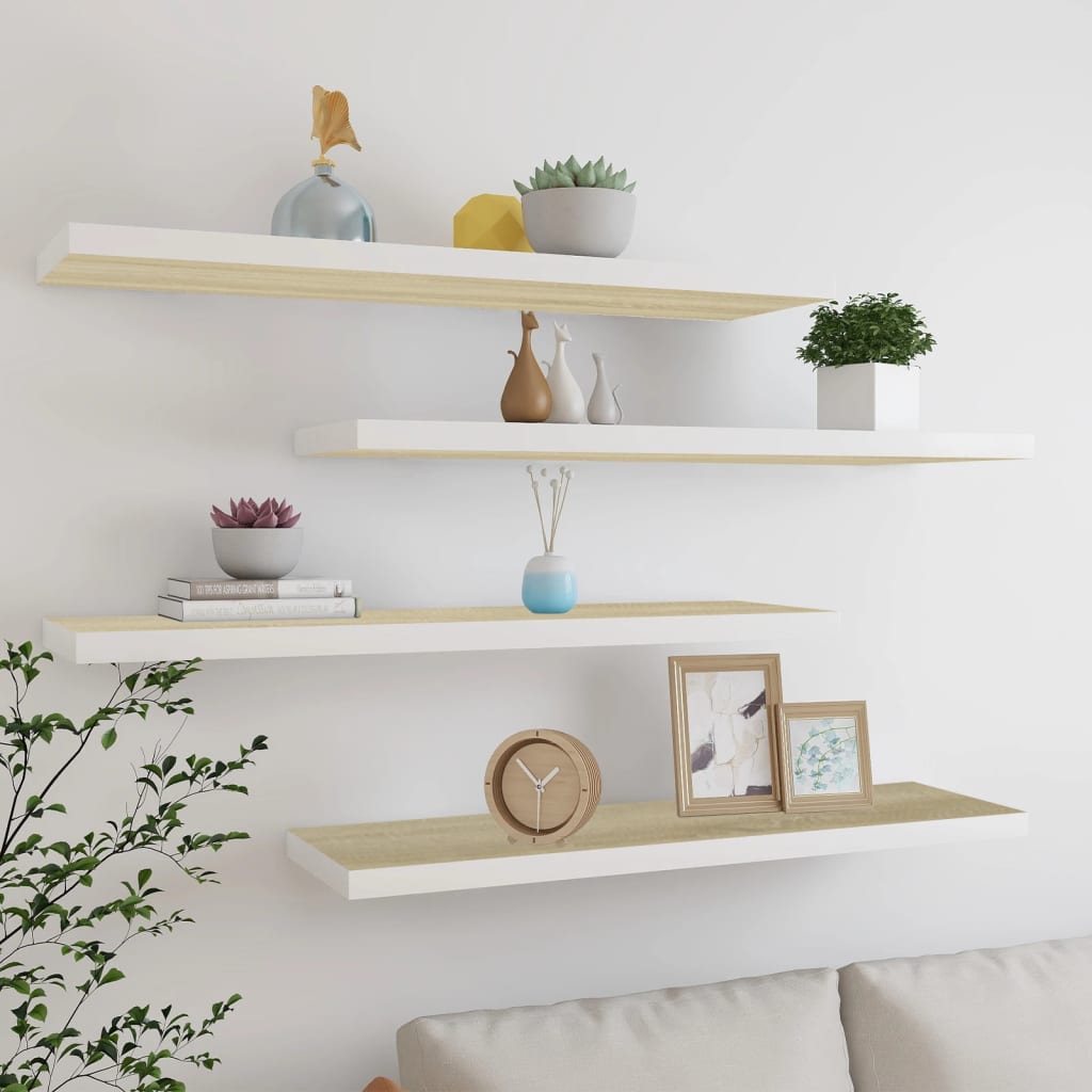 Kelluvat seinähyllyt 4 kpl tammi ja valkoinen 90x23,5x3,8 MDF - Sisustajankoti.fi