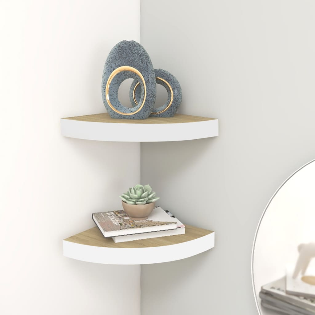 Seinäkulmahyllyt 2 kpl tammi ja valkoinen 25x25x3,8 cm MDF - Sisustajankoti.fi