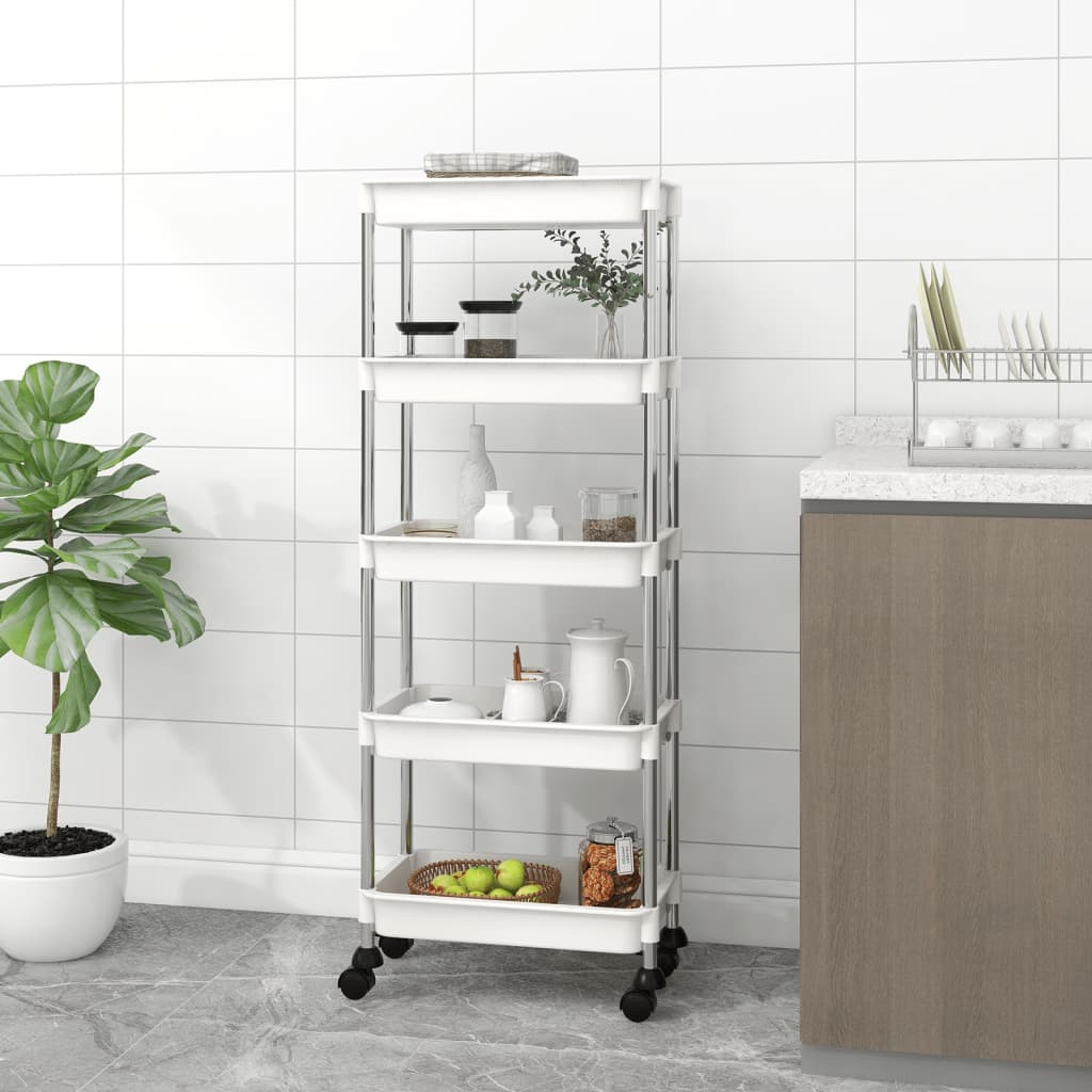 5-kerroksinen keittiövaunu valkoinen 42x29x128 cm rauta ja ABS - Sisustajankoti.fi