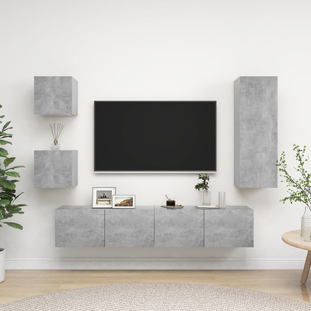 5-osainen TV-kaappisarja betoninharmaa lastulevy - Sisustajankoti.fi