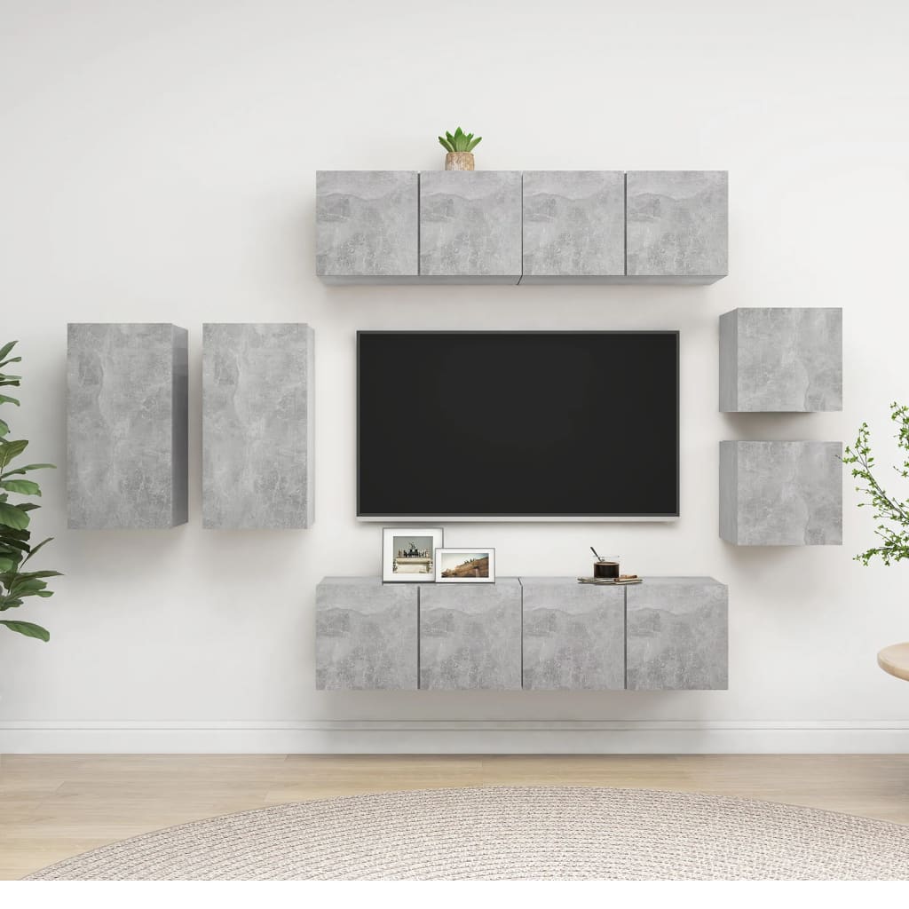 8-osainen TV-kaappisarja betoninharmaa lastulevy - Sisustajankoti.fi