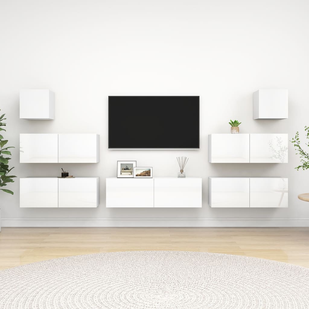 7-osainen TV-kaappisarja korkeakiilto valkoinen lastulevy - Sisustajankoti.fi