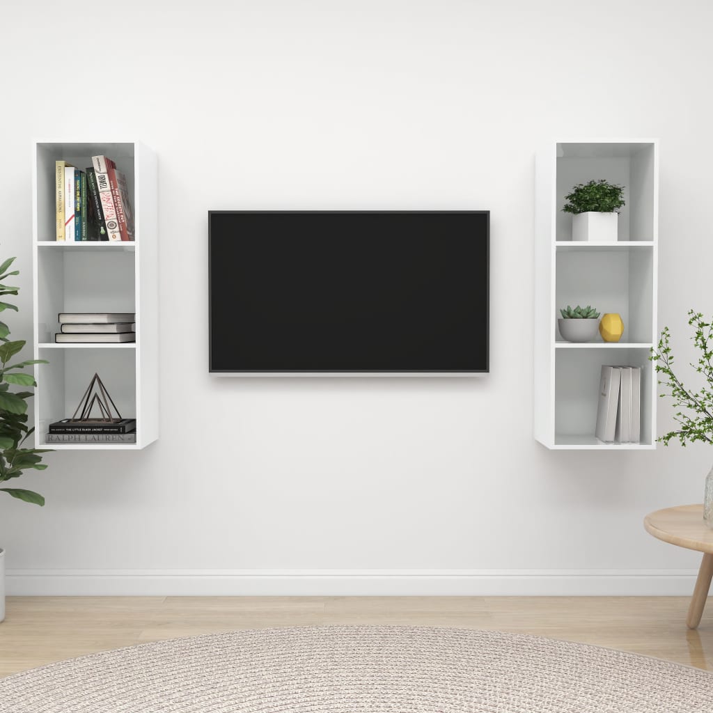 Seinäkiinnitettävät TV-tasot 2 kpl korkeakiilto valk. lastulevy - Sisustajankoti.fi