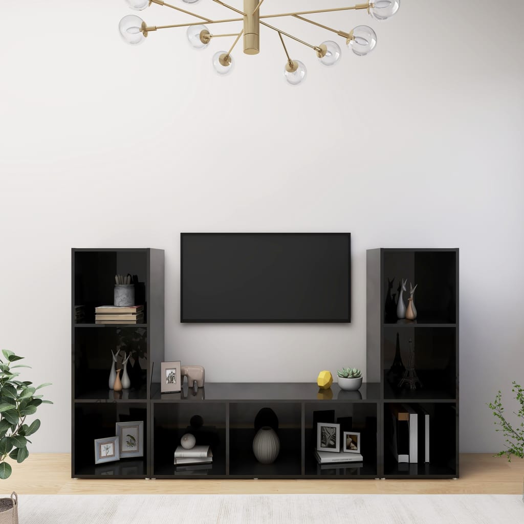 TV-tasot 3 kpl korkeakiilto musta 107x35x37 cm lastulevy - Sisustajankoti.fi