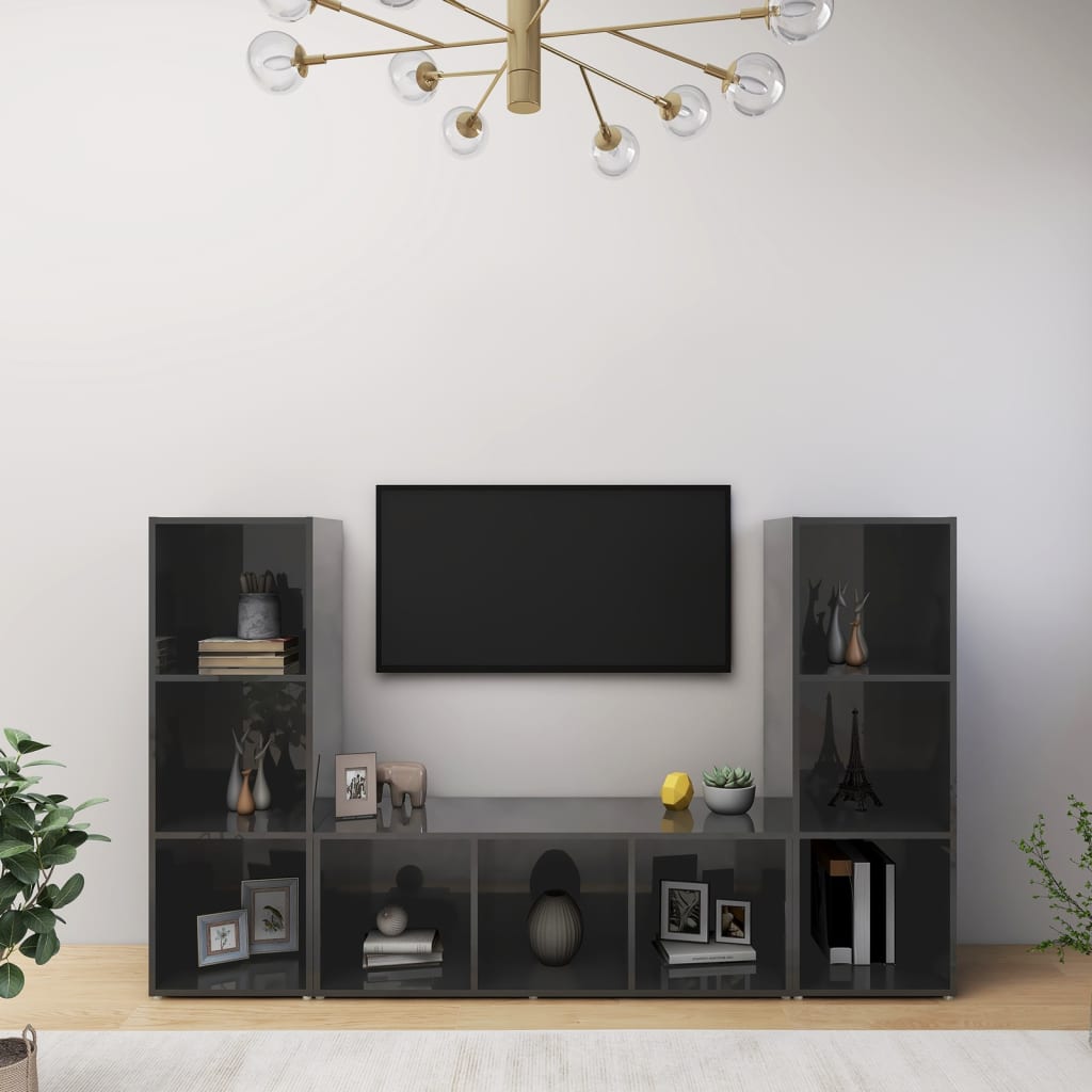 TV-tasot 3 kpl korkeakiilto harmaa 107x35x37 cm lastulevy - Sisustajankoti.fi