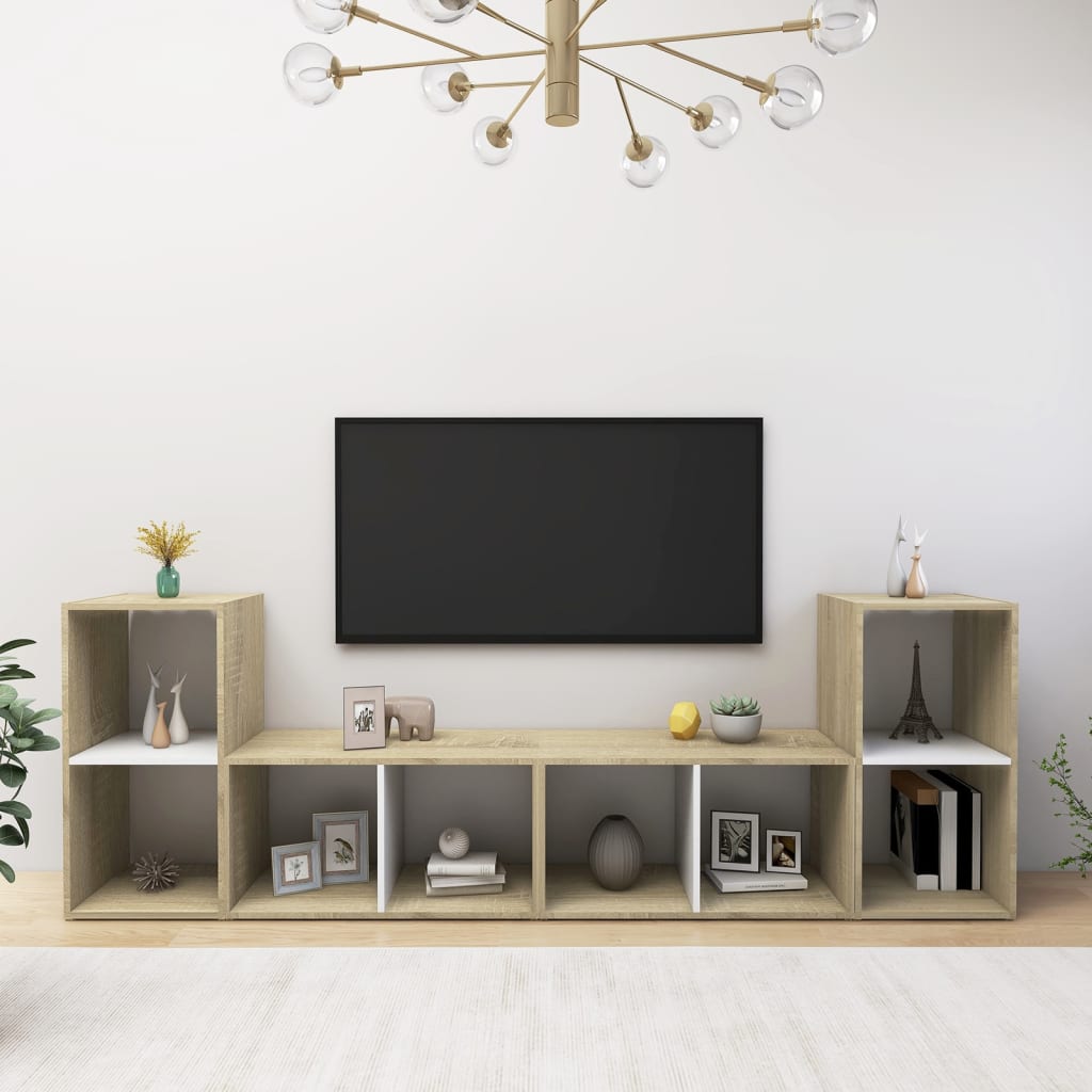 TV-tasot 4 kpl valkoinen/Sonoma-tammi 72x35x36,5 cm lastulevy - Sisustajankoti.fi