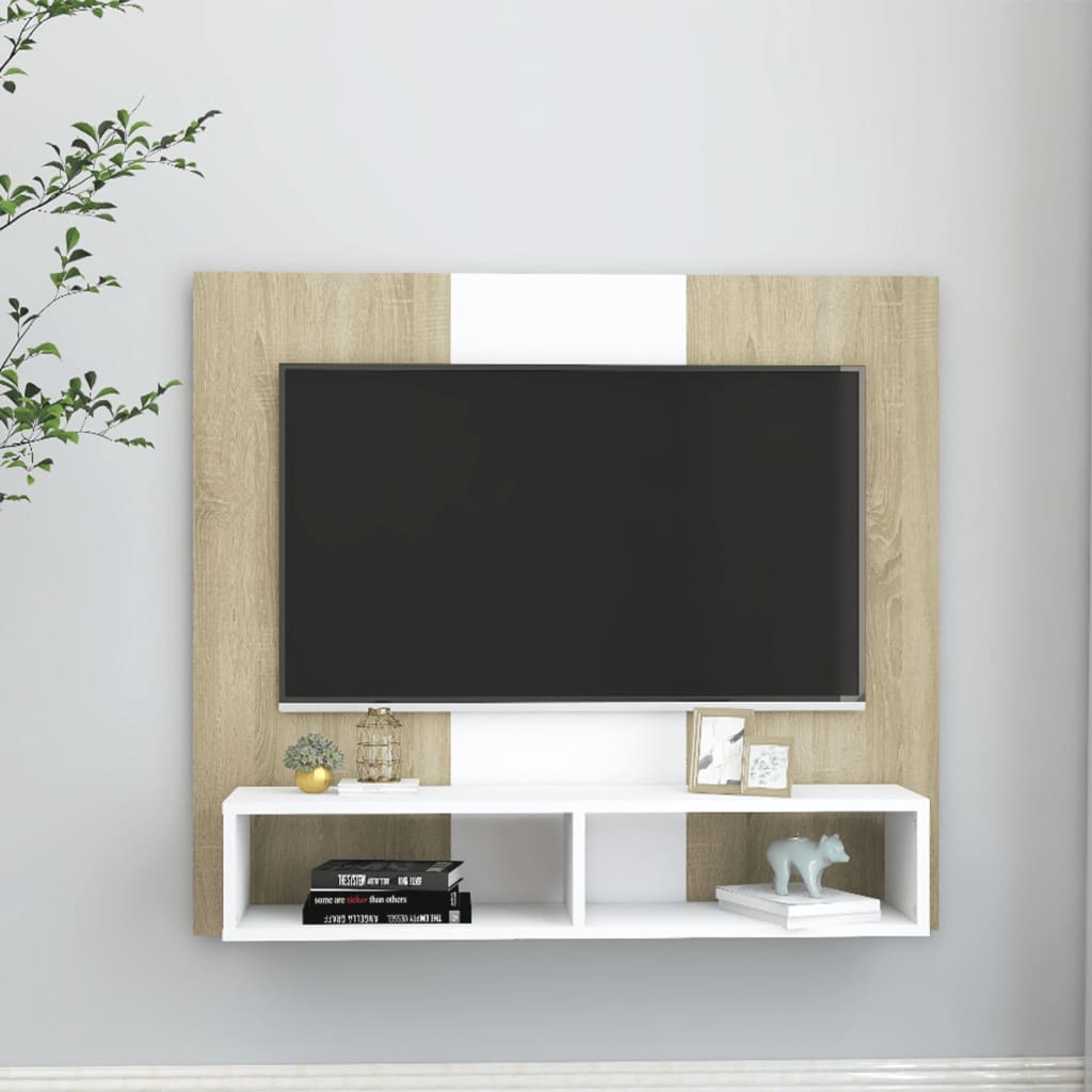 TV-taso seinälle valk. ja Sonoma-tammi 102x23,5x90 cm lastulevy - Sisustajankoti.fi