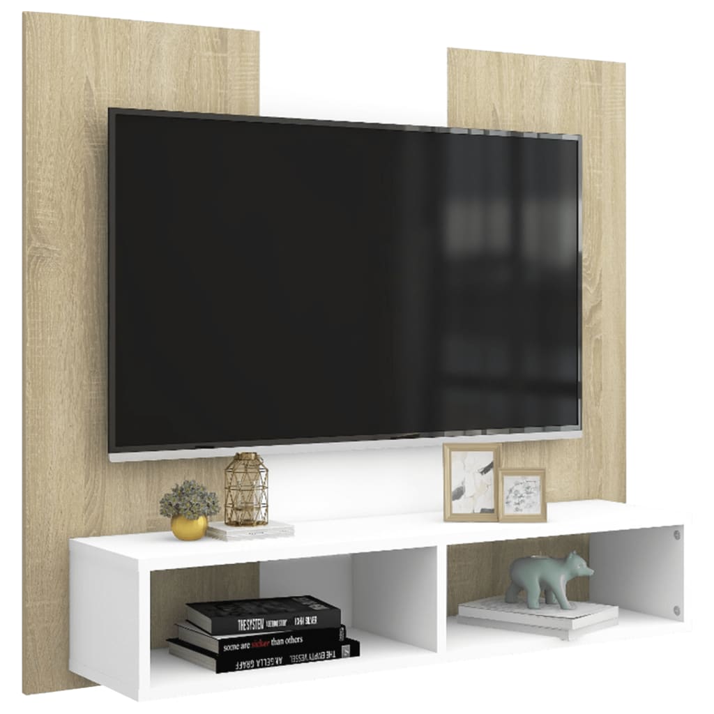 TV-taso seinälle valk. ja Sonoma-tammi 102x23,5x90 cm lastulevy - Sisustajankoti.fi