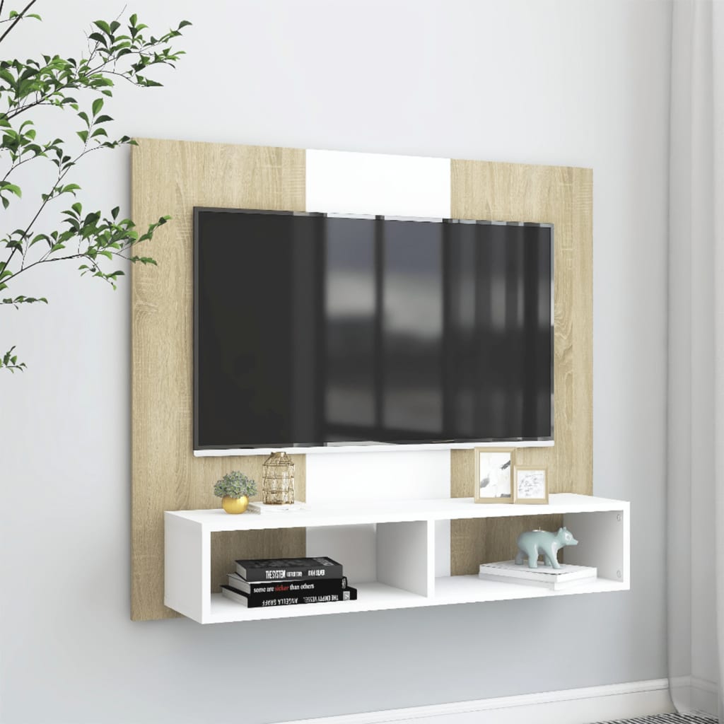 TV-taso seinälle valk. ja Sonoma-tammi 102x23,5x90 cm lastulevy - Sisustajankoti.fi