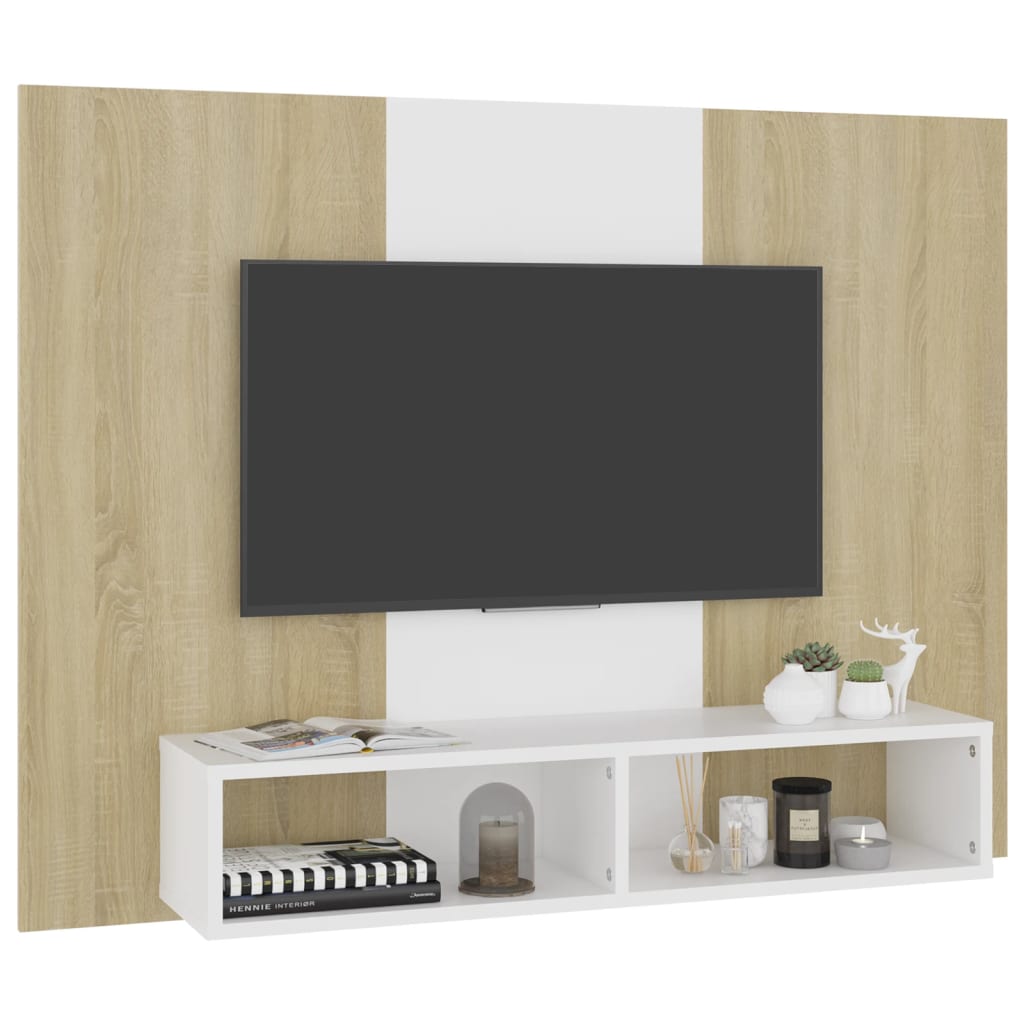 TV-taso seinälle valk. ja Sonoma-tammi 120x23,5x90 cm lastulevy - Sisustajankoti.fi