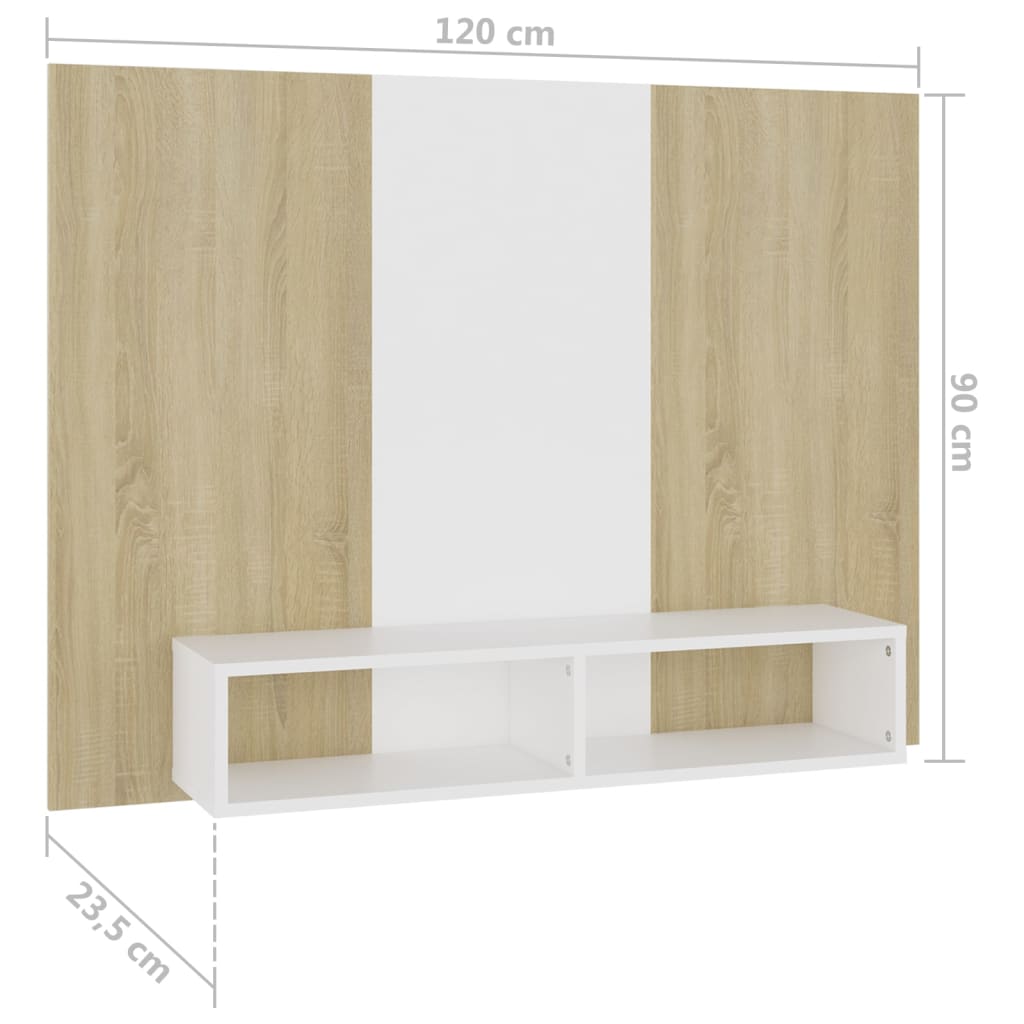 TV-taso seinälle valk. ja Sonoma-tammi 120x23,5x90 cm lastulevy - Sisustajankoti.fi