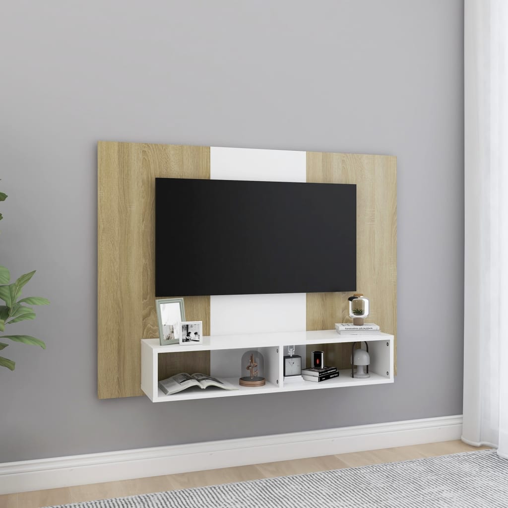TV-taso seinälle valk. ja Sonoma-tammi 120x23,5x90 cm lastulevy - Sisustajankoti.fi
