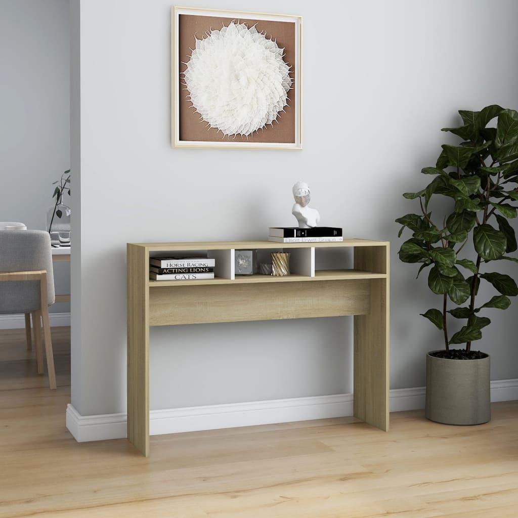 Konsolipöytä valkoinen ja Sonoma-tammi 105x30x80 cm lastulevy - Sisustajankoti.fi