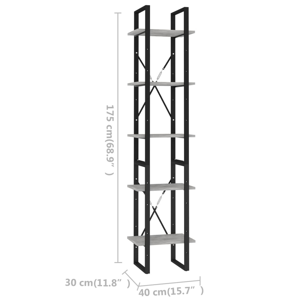 5-tasoinen kirjahylly betoninharmaa 40x30x175 cm lastulevy - Sisustajankoti.fi