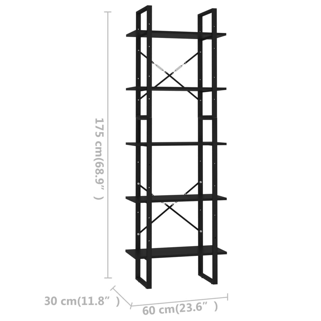 5-tasoinen kirjahylly musta 60x30x175 cm lastulevy - Sisustajankoti.fi