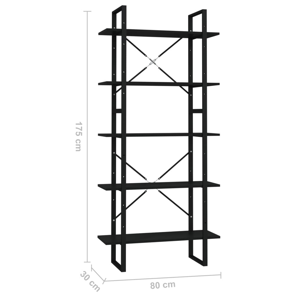 5-tasoinen Kirjahylly musta 80x30x175 cm lastulevy - Sisustajankoti.fi