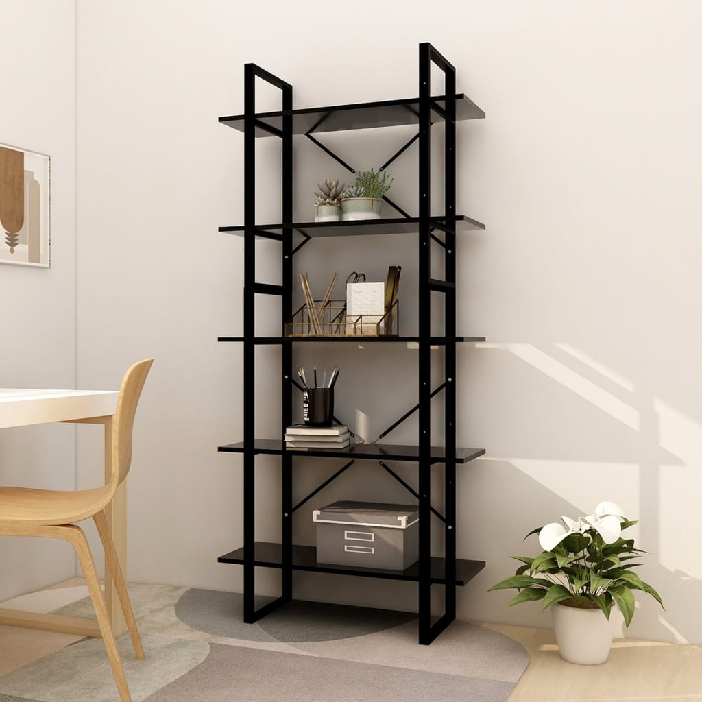 5-tasoinen Kirjahylly musta 80x30x175 cm lastulevy - Sisustajankoti.fi