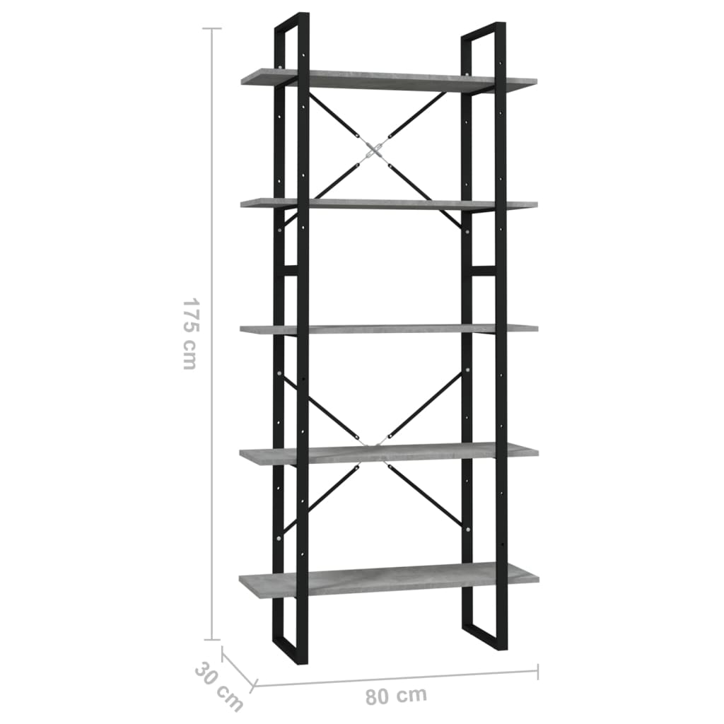 5-tasoinen Kirjahylly betoninharmaa 80x30x175 cm lastulevy - Sisustajankoti.fi