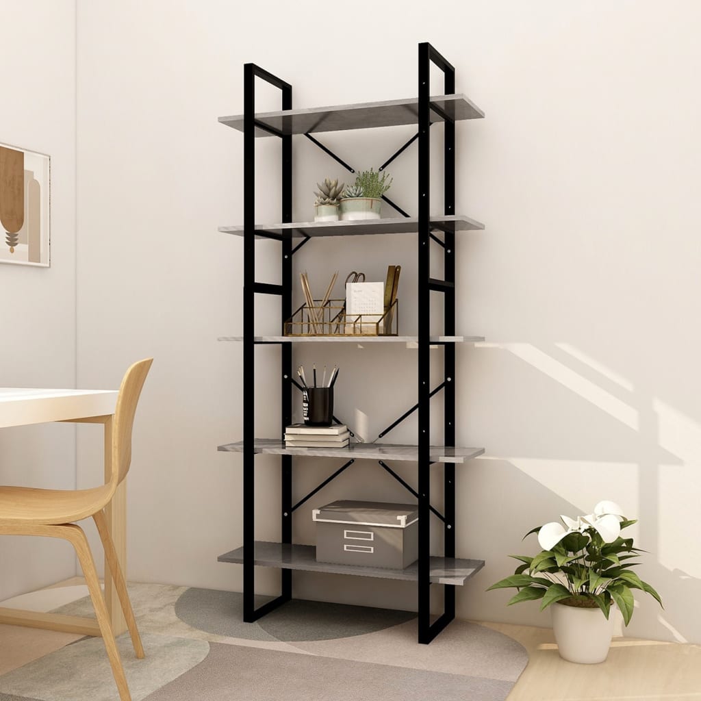 5-tasoinen Kirjahylly betoninharmaa 80x30x175 cm lastulevy - Sisustajankoti.fi