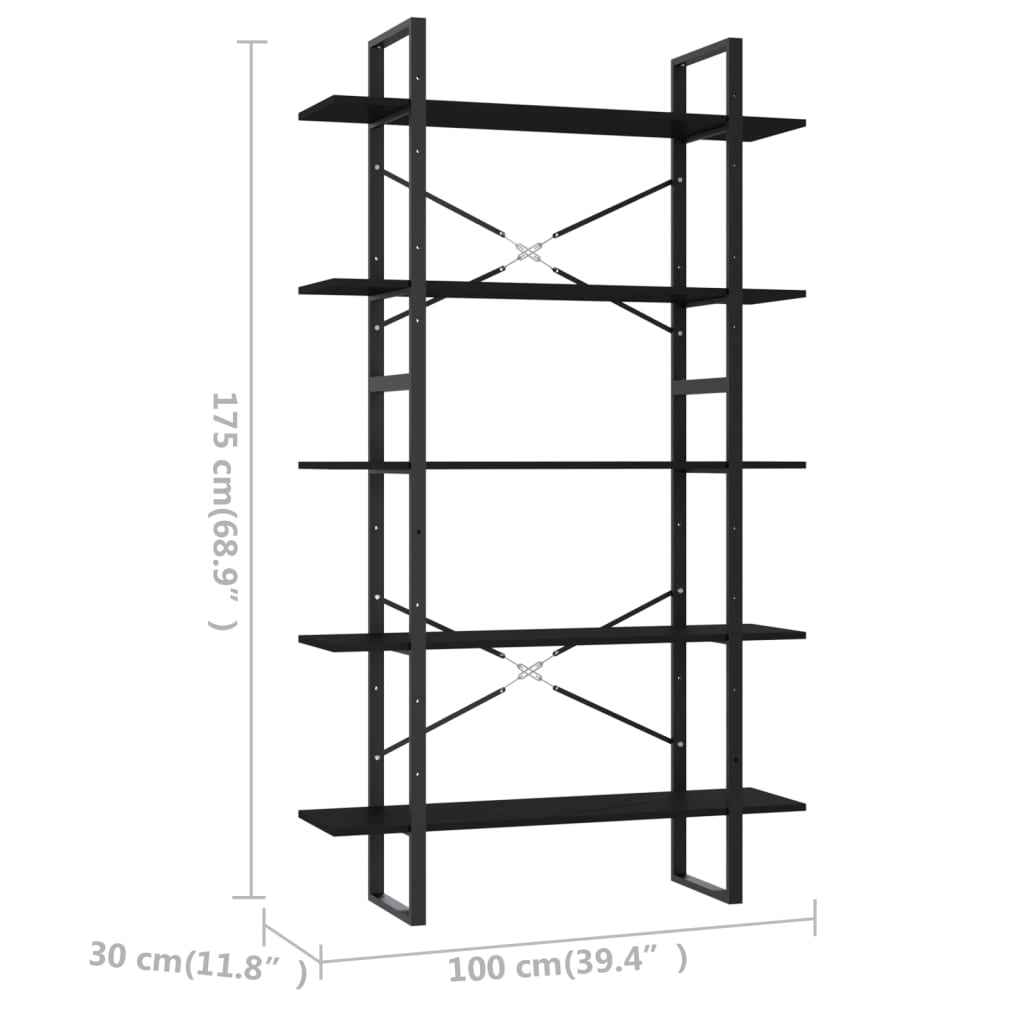 5-tasoinen kirjahylly musta 100x30x175 cm lastulevy - Sisustajankoti.fi