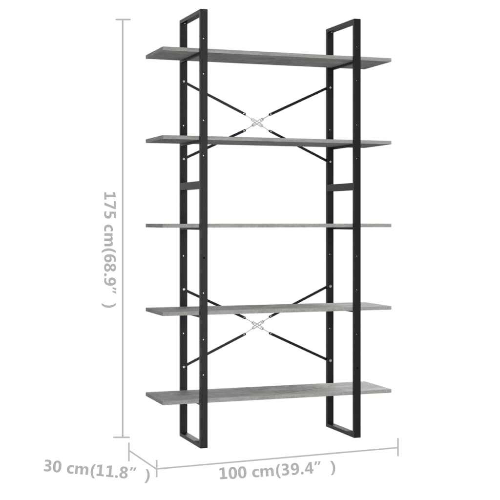 5-tasoinen kirjahylly betoninharmaa 100x30x175 cm lastulevy - Sisustajankoti.fi