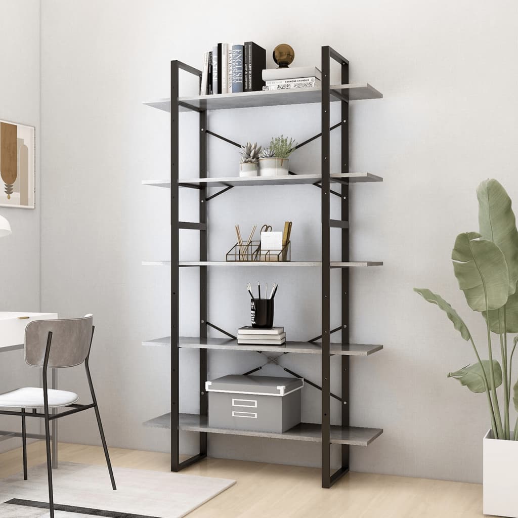 5-tasoinen kirjahylly betoninharmaa 100x30x175 cm lastulevy - Sisustajankoti.fi