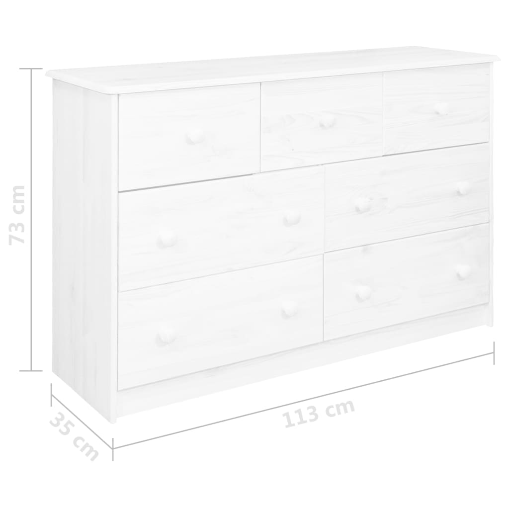 Senkki 7 laatikkoa valkoinen 113x35x73 cm täysi mänty - Sisustajankoti.fi