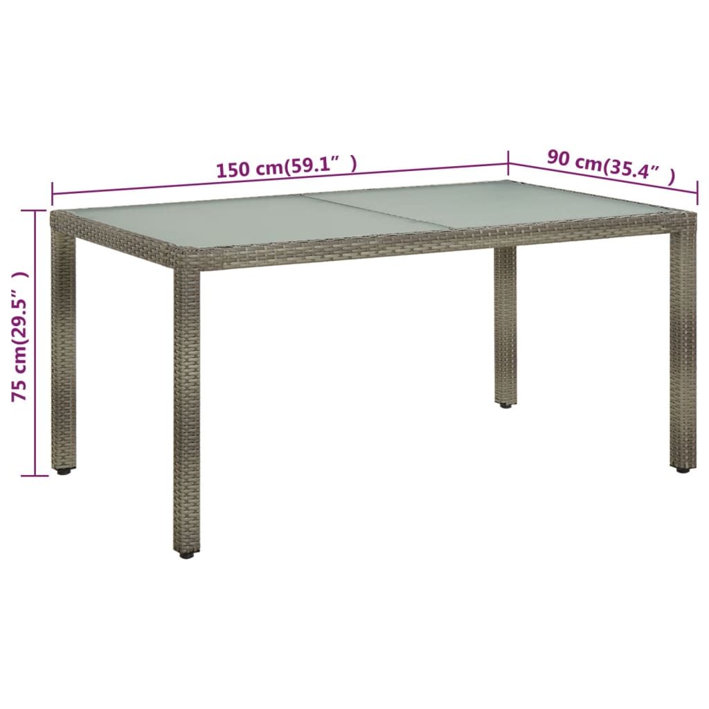 Puutarhapöytä 150x90x75cm karkaistu lasi ja polyrottinki harmaa - Sisustajankoti.fi