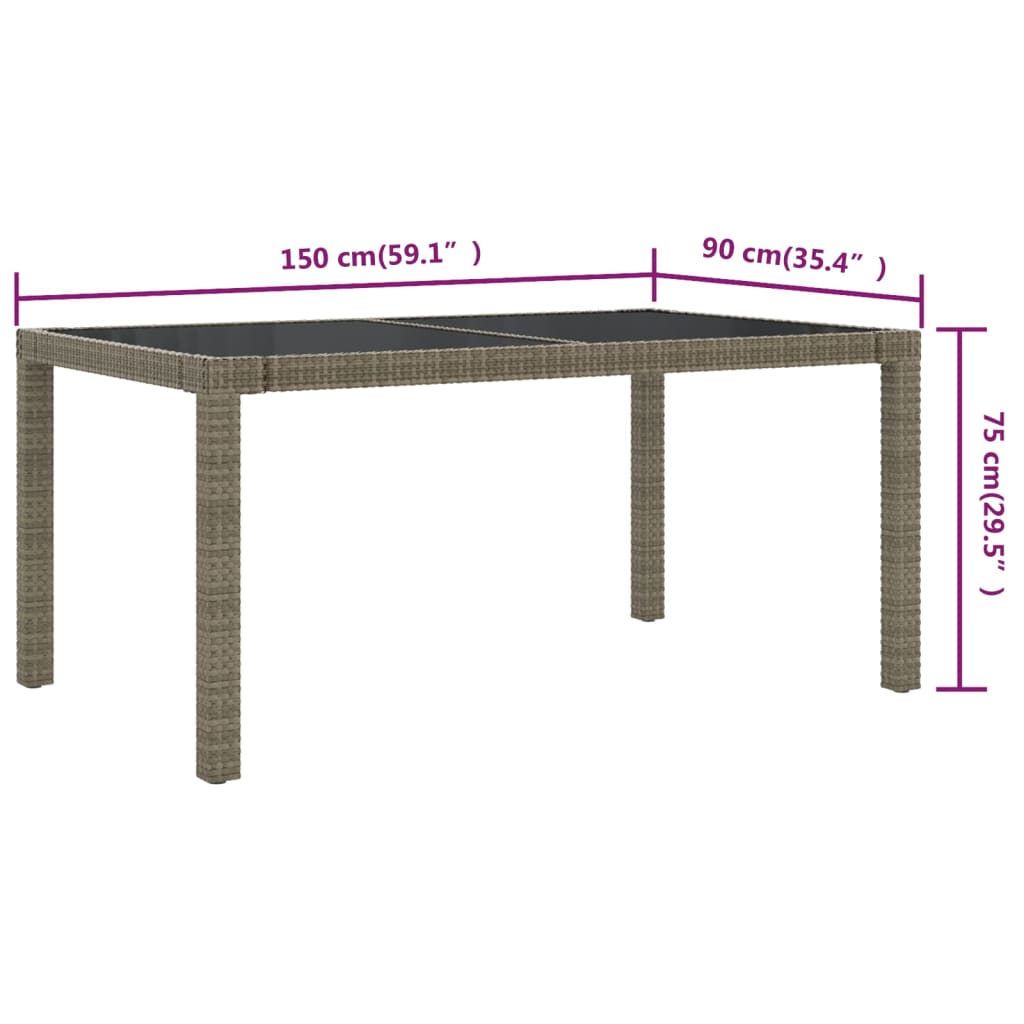 Puutarhapöytä 150x90x75cm karkaistu lasi ja polyrottinki harmaa - Sisustajankoti.fi