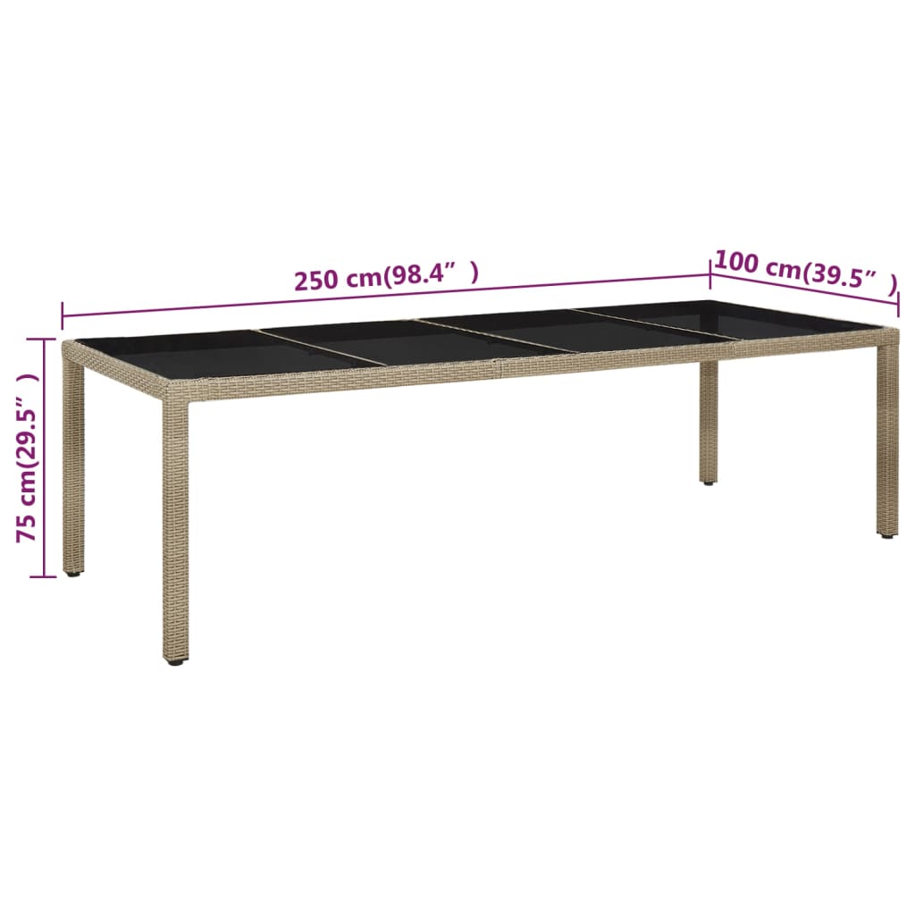 Puutarhapöytä 250x100x75 cm karkaistu lasi ja PE-rottinki beige - Sisustajankoti.fi