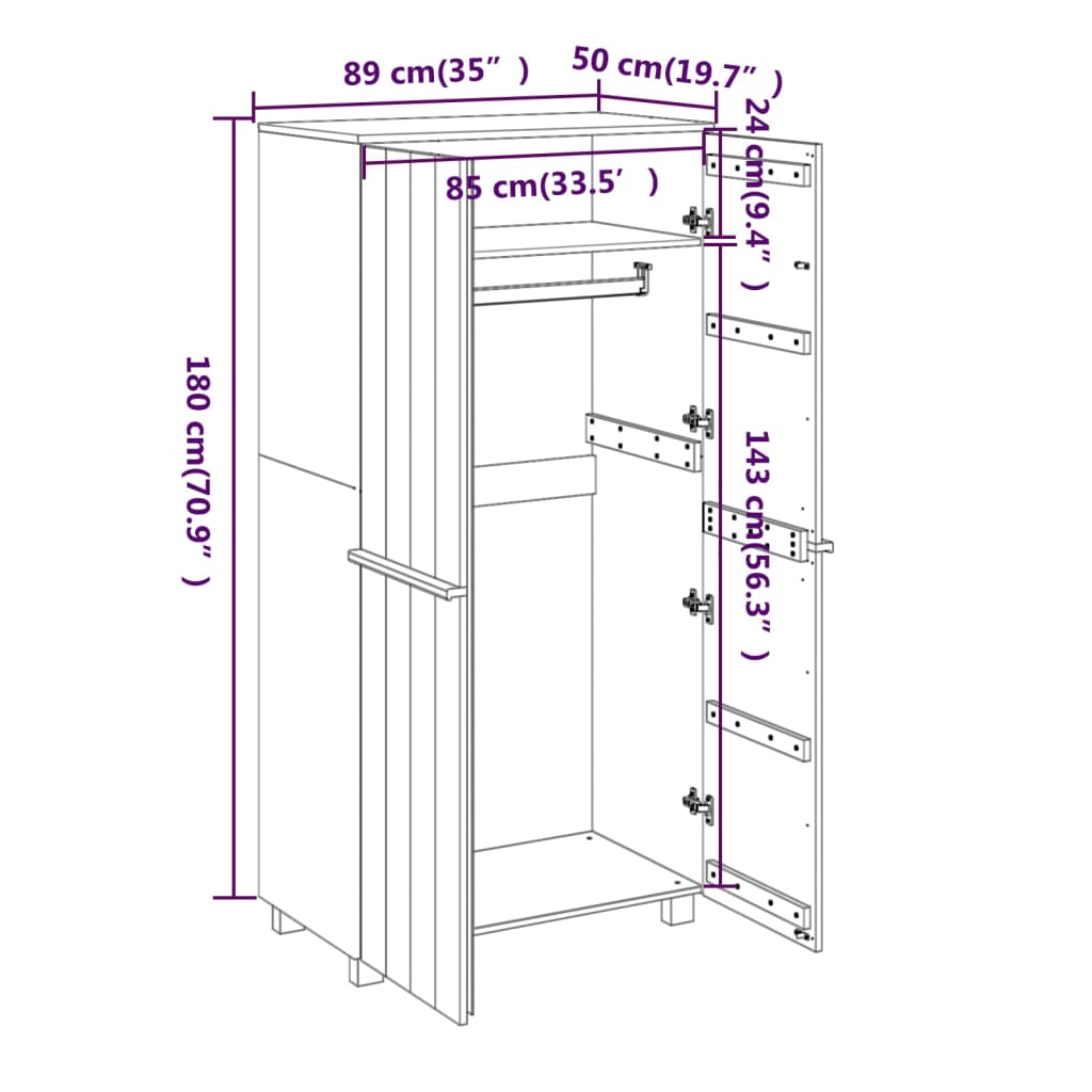 Vaatekaappi HAMAR hunajanruskea 89x50x180 cm täysi mänty - Sisustajankoti.fi