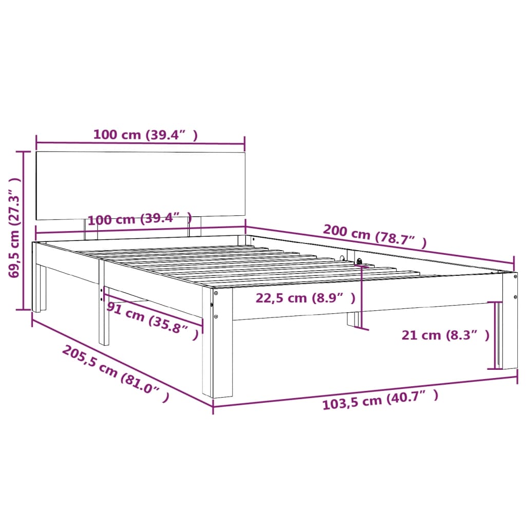 Sängynrunko harmaa täysi mänty 100x200 cm - Sisustajankoti.fi