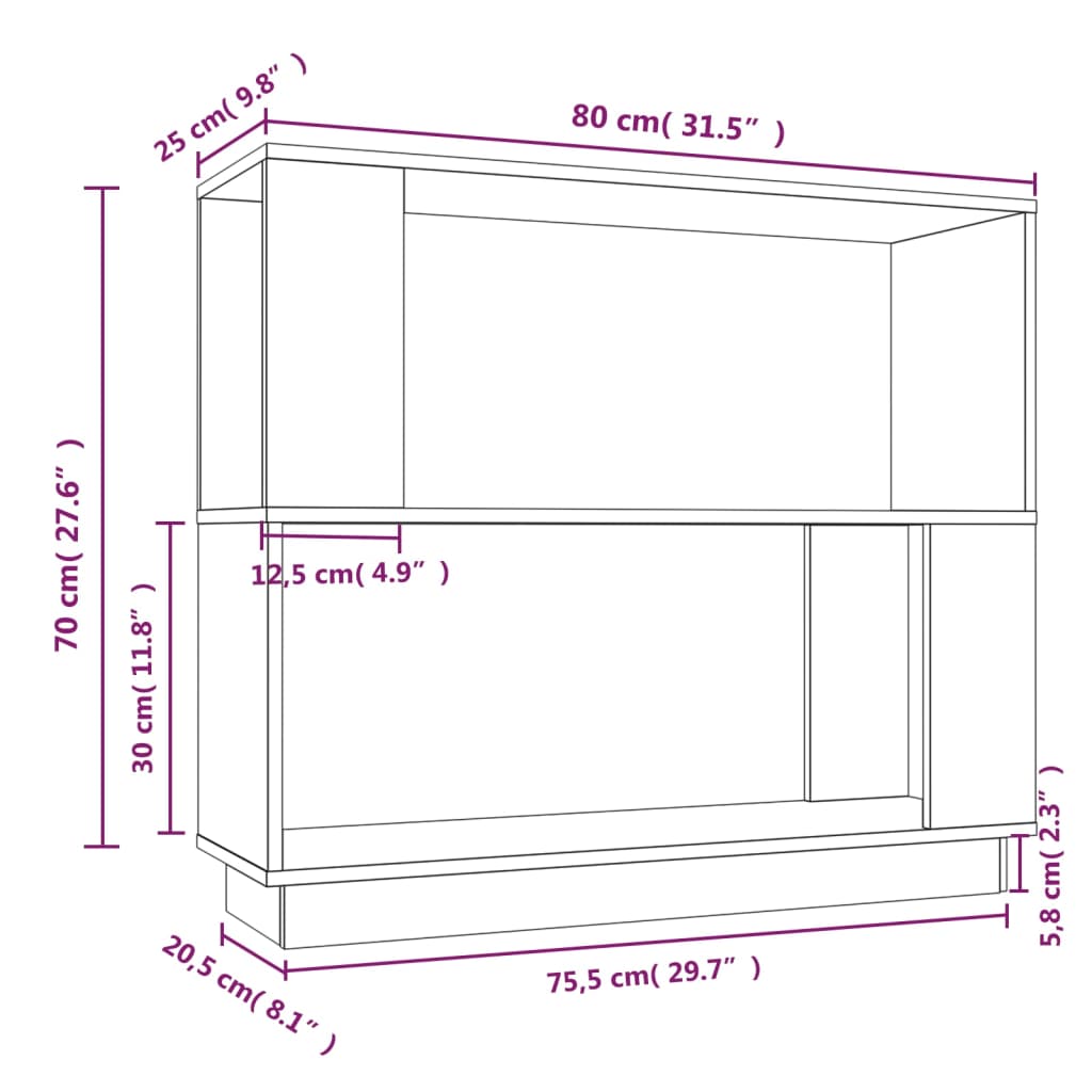 Kirjahylly/tilanjakaja musta 80x25x70 cm täysi mänty - Sisustajankoti.fi