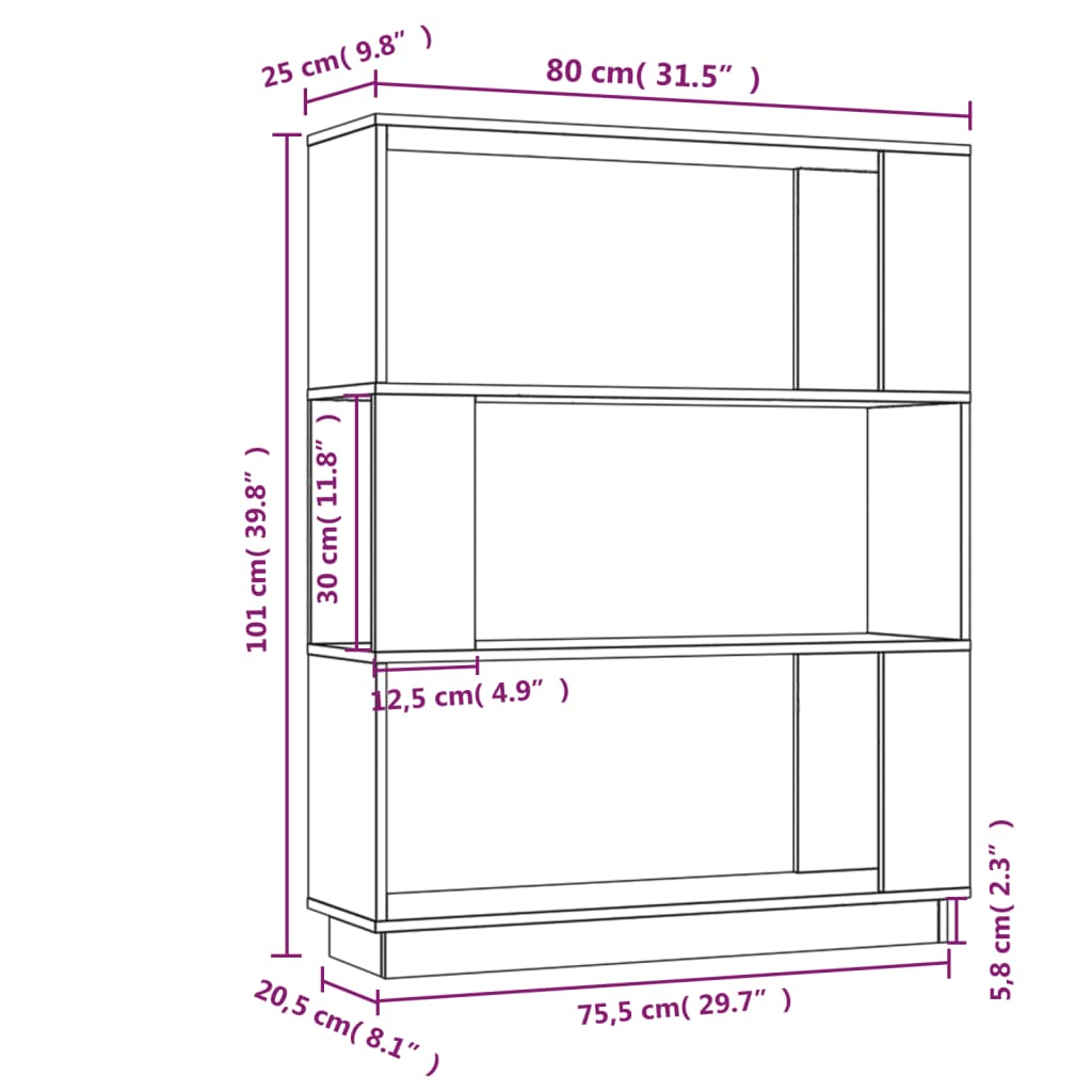 Kirjahylly/tilanjakaja musta 80x25x101 cm täysi mänty - Sisustajankoti.fi