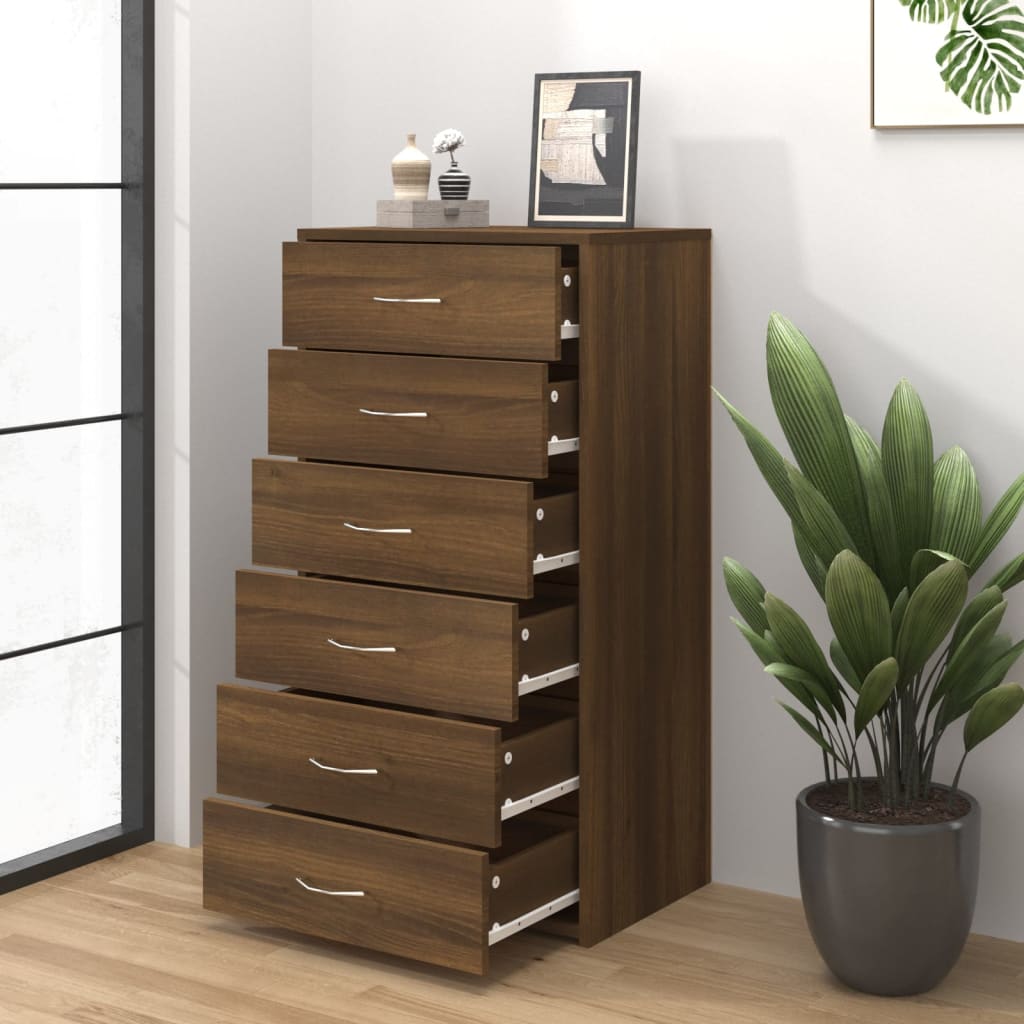 Senkki 6 laatikolla ruskea tammi 50x34x96 cm tekninen puu - Sisustajankoti.fi