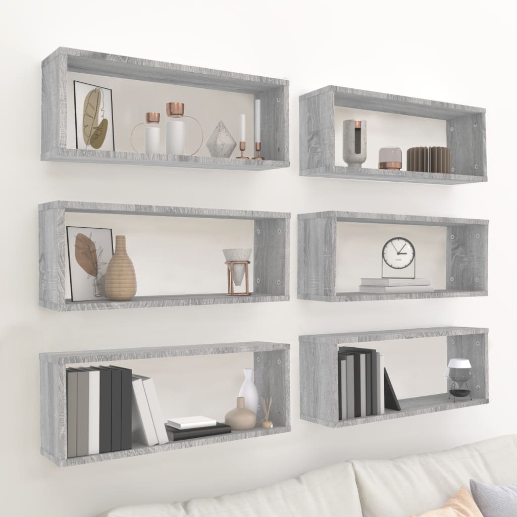 Seinäkuutiohyllyt 6 kpl harmaa Sonoma 60x15x23 cm tekninen puu - Sisustajankoti.fi