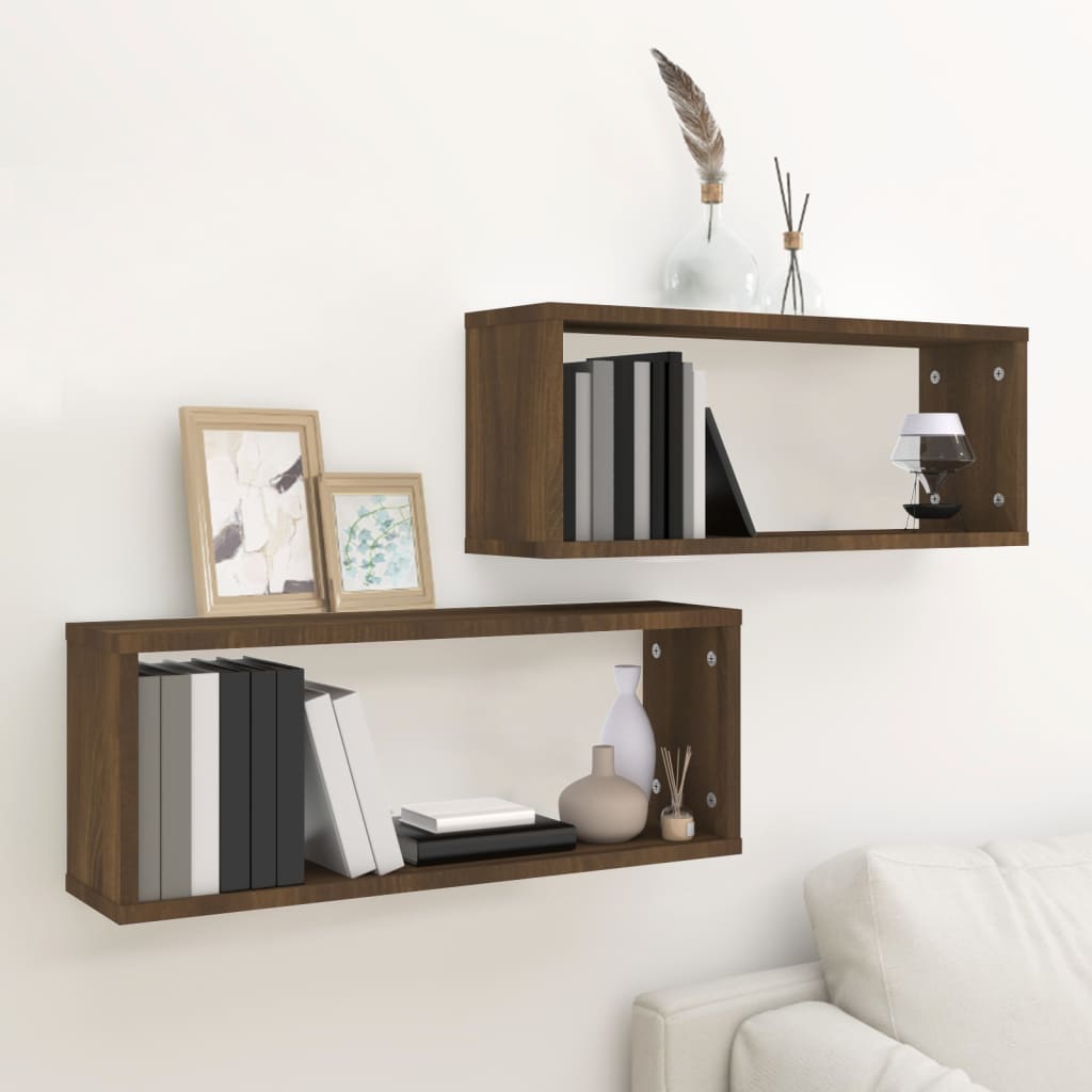 Seinäkuutiohyllyt 2 kpl ruskea tammi 60x15x23 cm tekninen puu - Sisustajankoti.fi