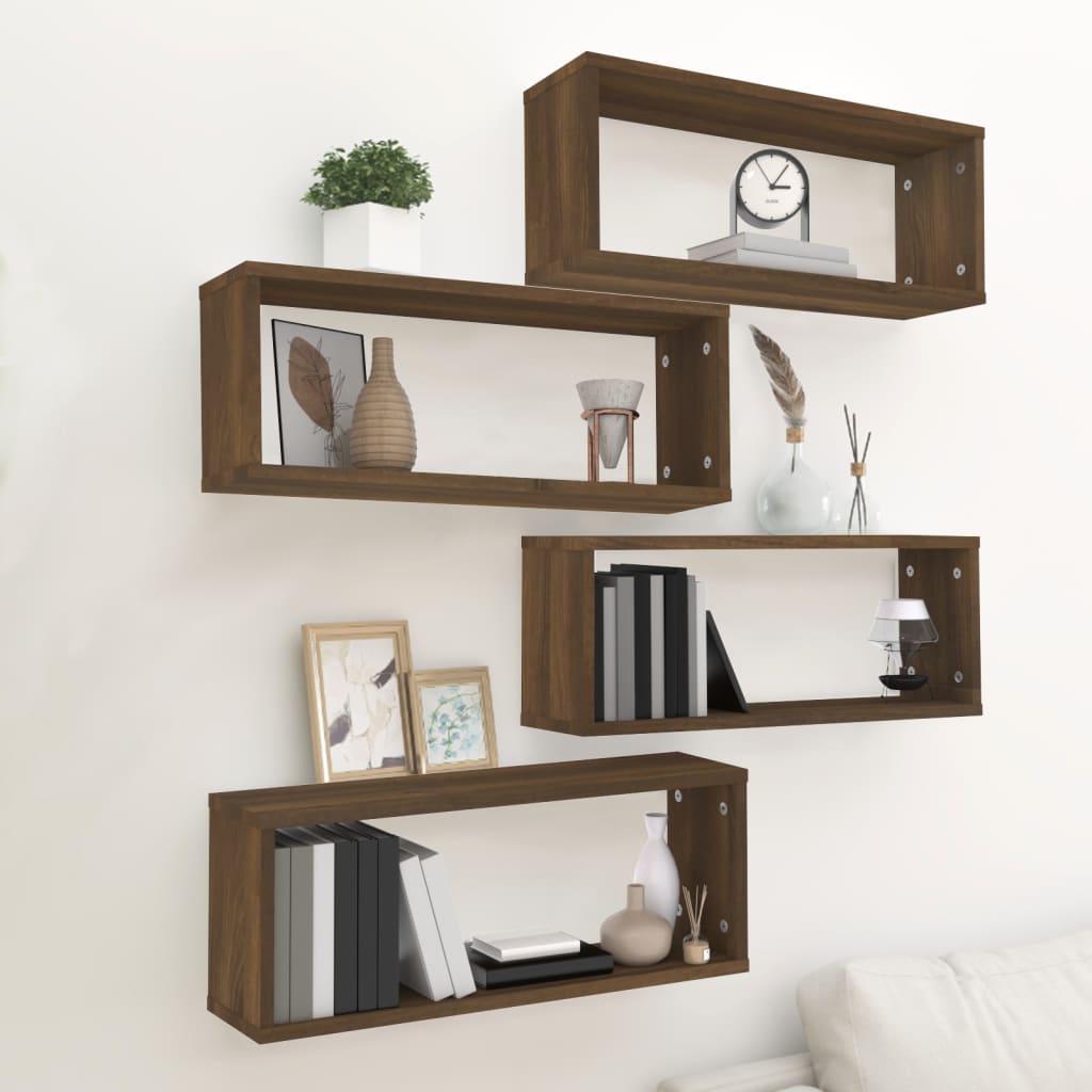 Seinäkuutiohyllyt 4 kpl ruskea tammi 60x15x23 cm tekninen puu - Sisustajankoti.fi
