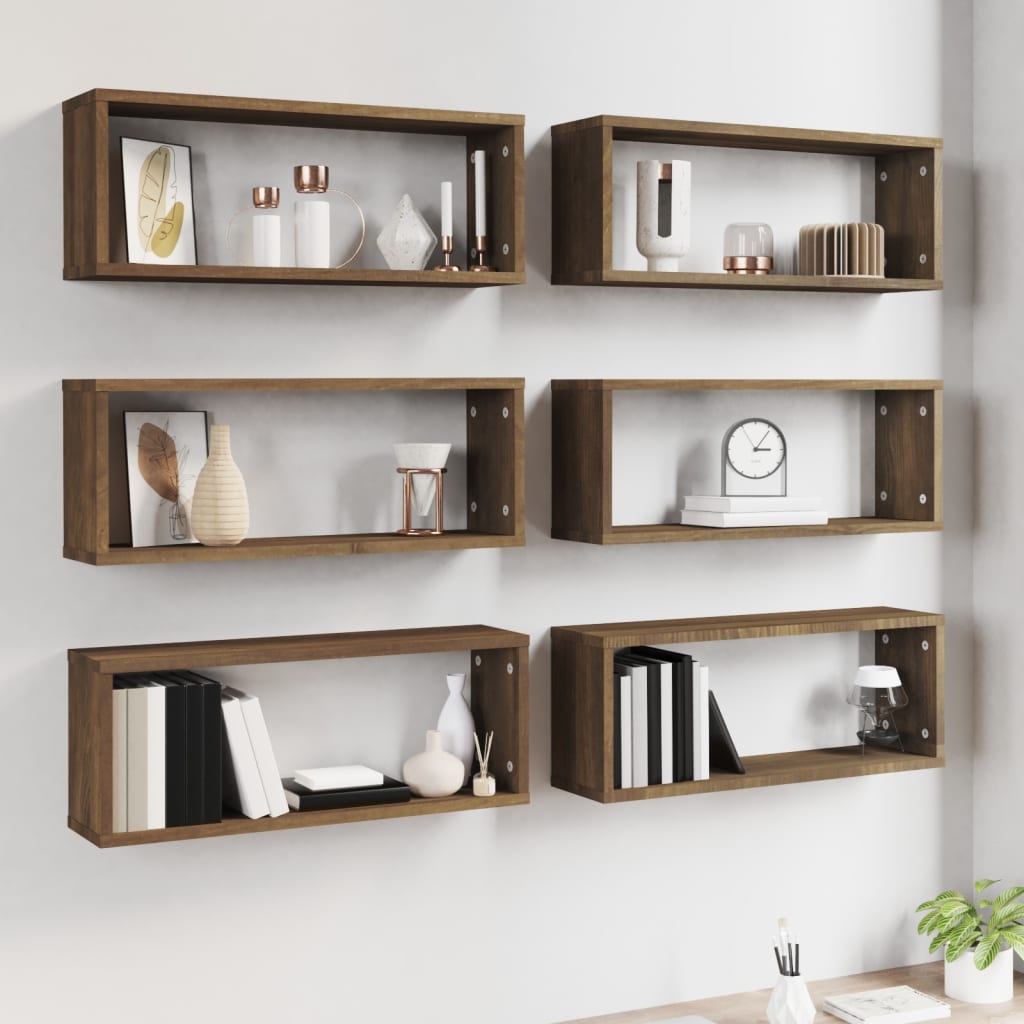 Seinäkuutiohyllyt 6 kpl ruskea tammi 60x15x23 cm tekninen puu - Sisustajankoti.fi