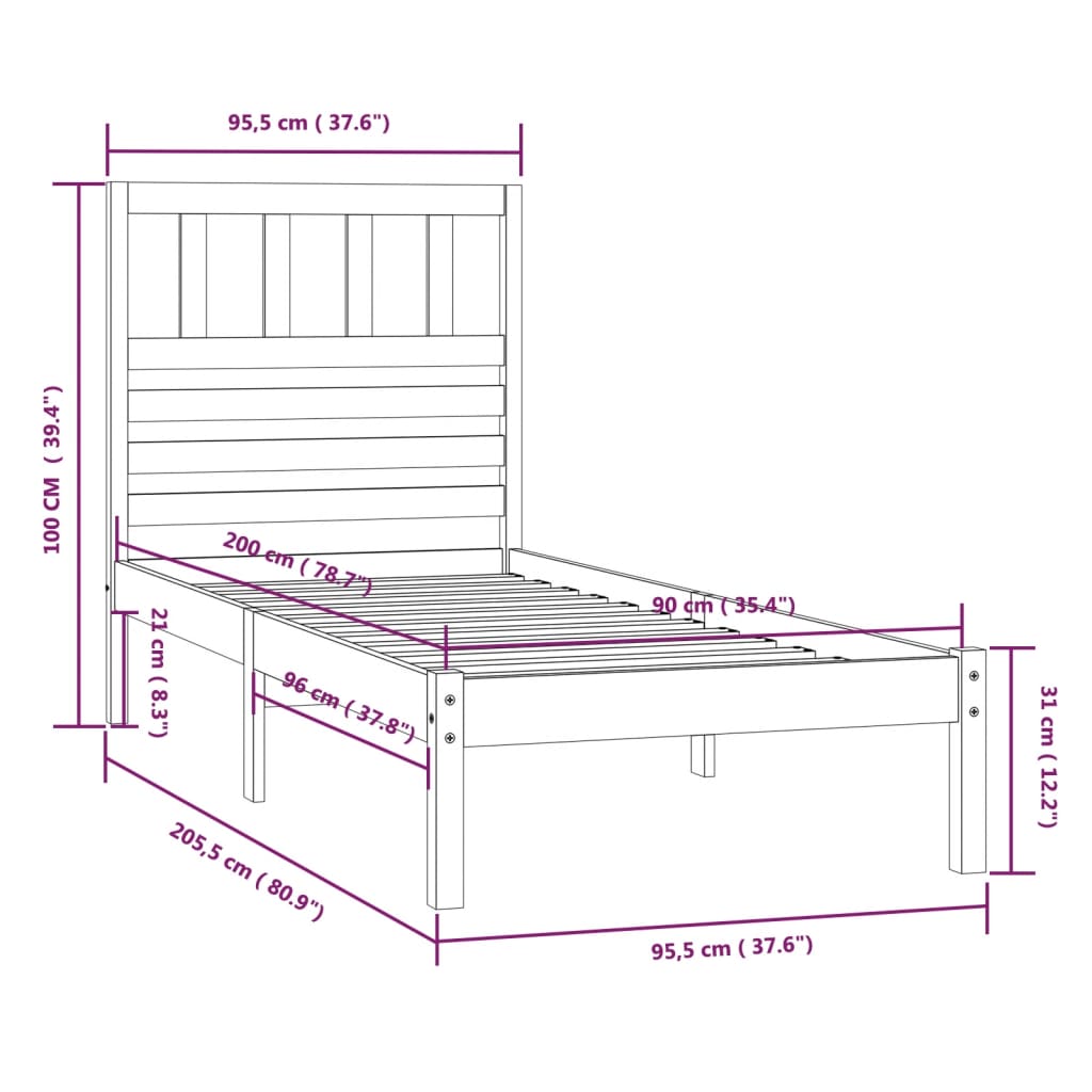 Sängynrunko musta täysi mänty 90x200 cm - Sisustajankoti.fi